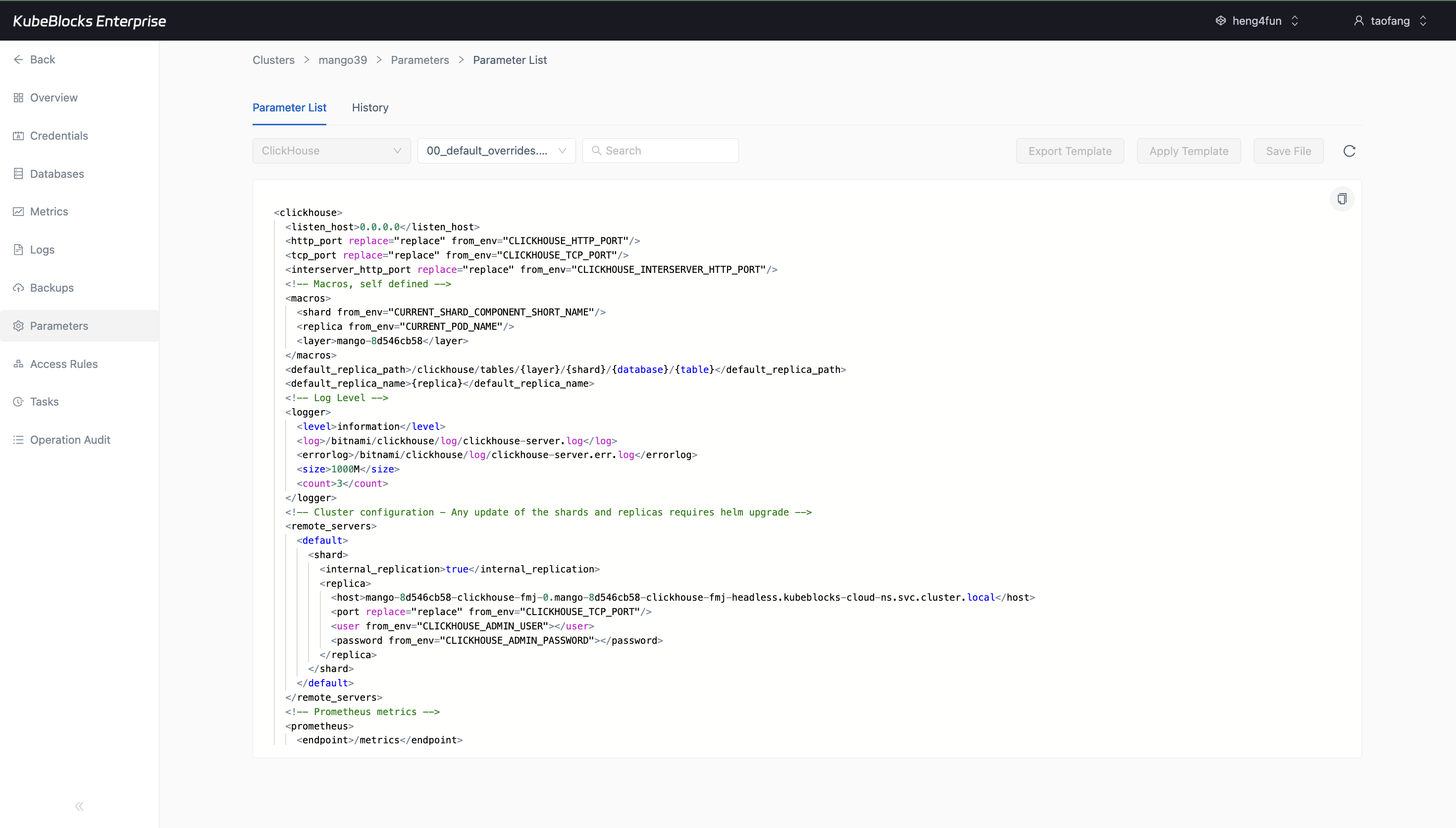 KubeBlocks Enterprise ClickHouse Parameters page showing the XML configuration editor