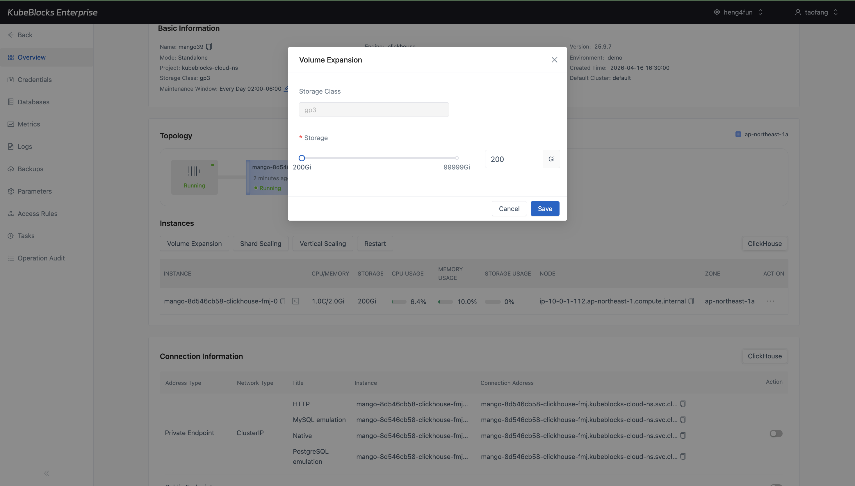 KubeBlocks Enterprise ClickHouse Volume Expansion dialog showing storage capacity controls