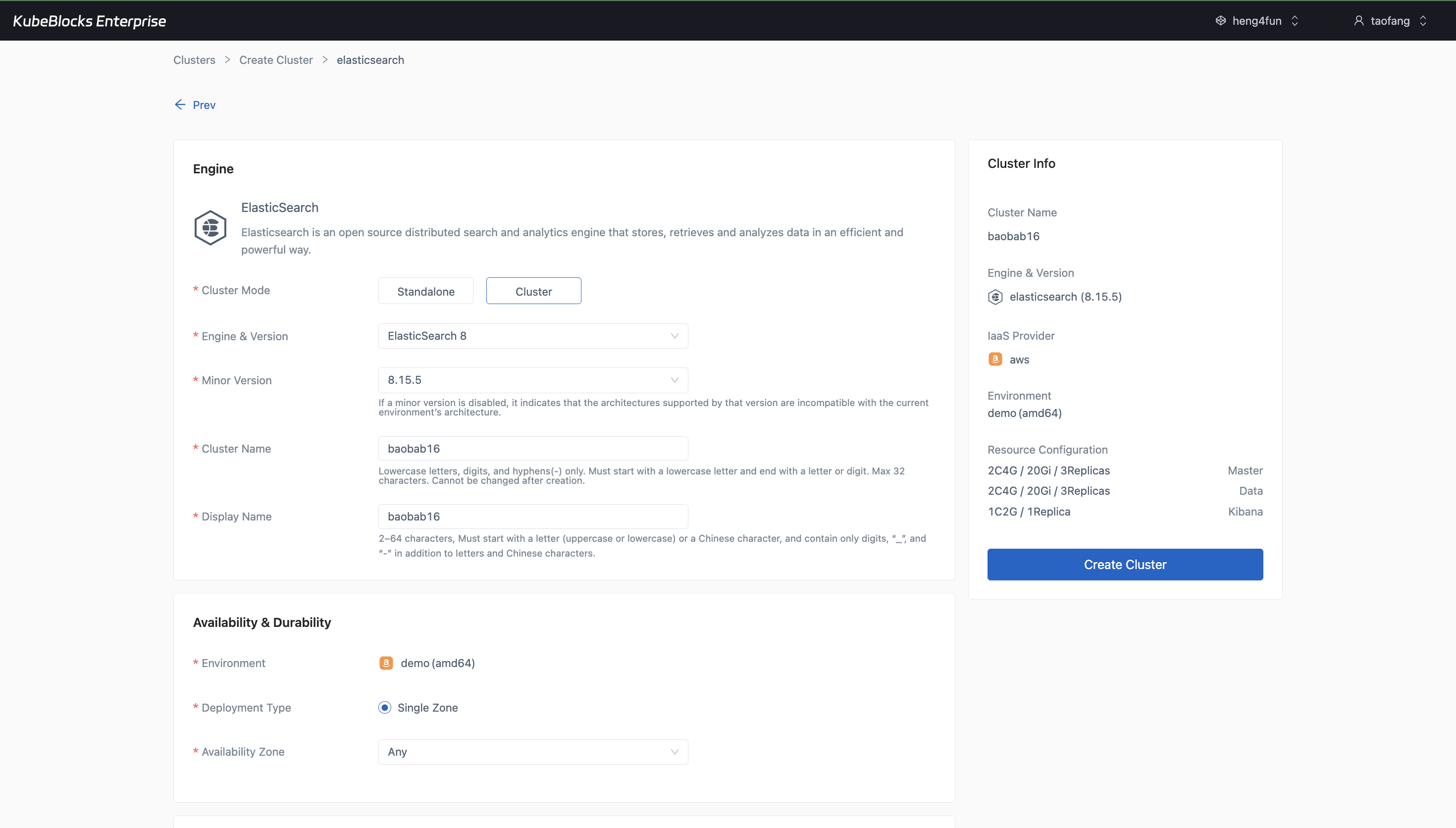 KubeBlocks Enterprise Elasticsearch create wizard showing cluster mode, version, master, data, Kibana, storage, TLS, and backup options