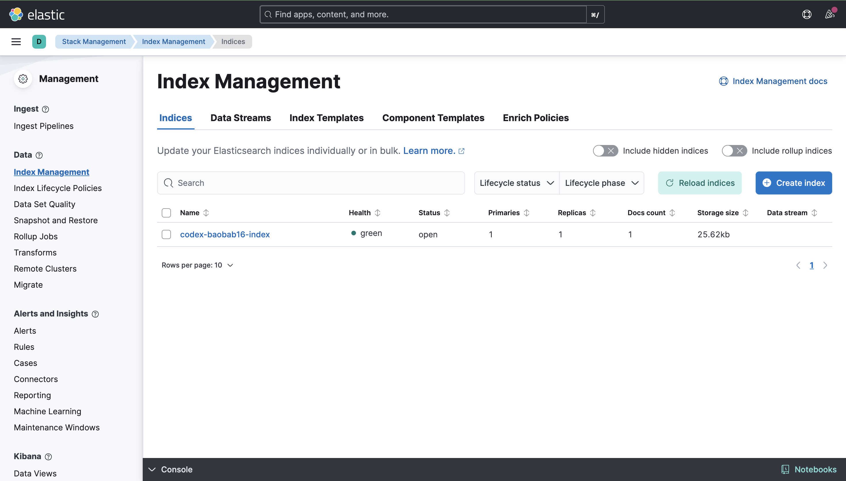 Kibana UI for an Elasticsearch cluster showing a live data-management workflow after public endpoint login
