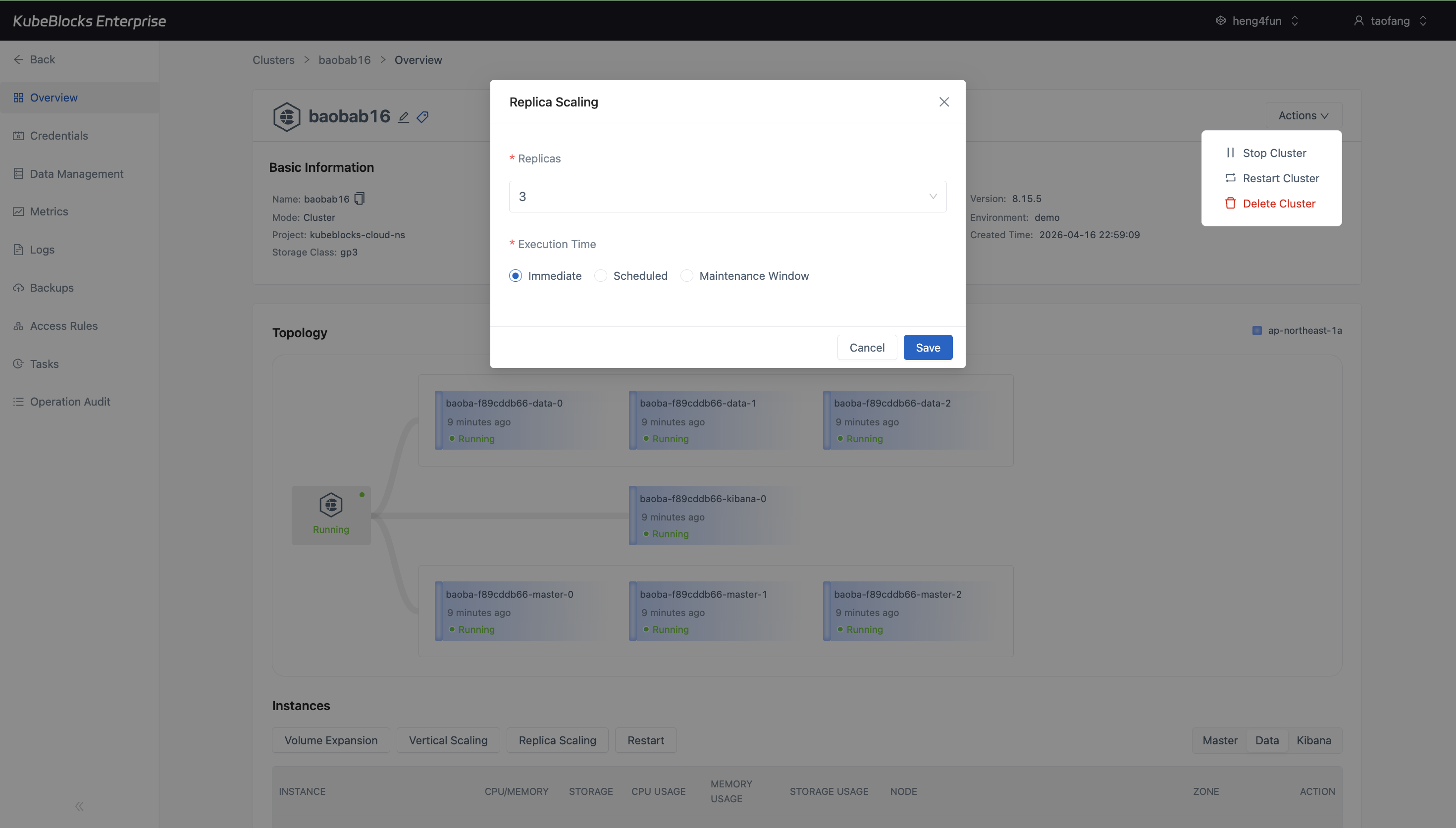 KubeBlocks Enterprise Elasticsearch overview showing Data component replicas and the Horizontal Scaling dialog