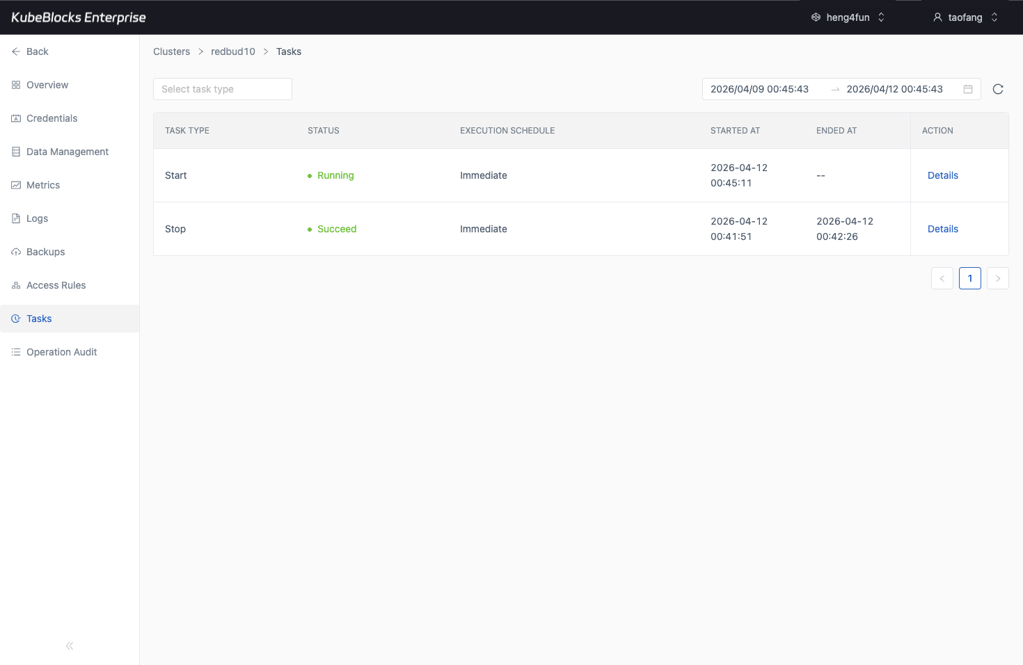 KubeBlocks Enterprise Elasticsearch Tasks page showing operational history