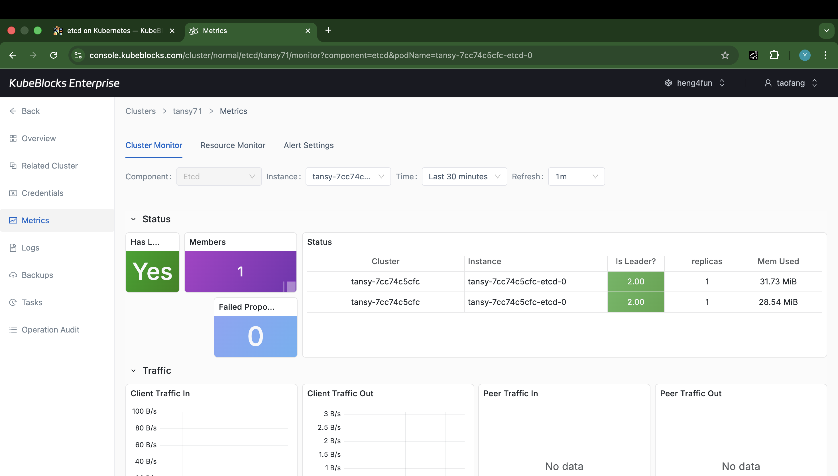 KubeBlocks Enterprise etcd metrics dashboard showing status cards and traffic charts