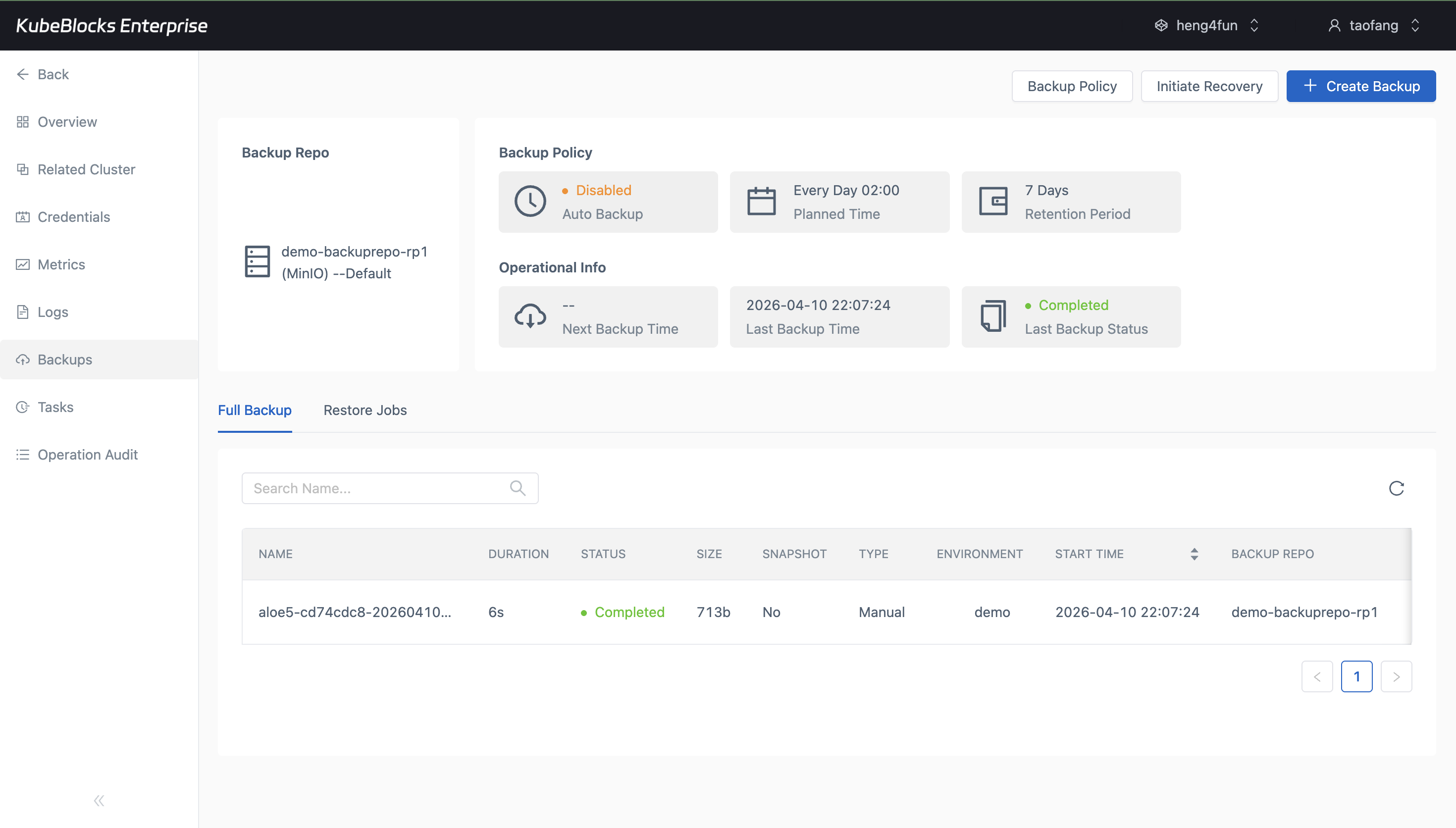 KubeBlocks Enterprise etcd Backups page showing repository, backup policy, and completed backup records