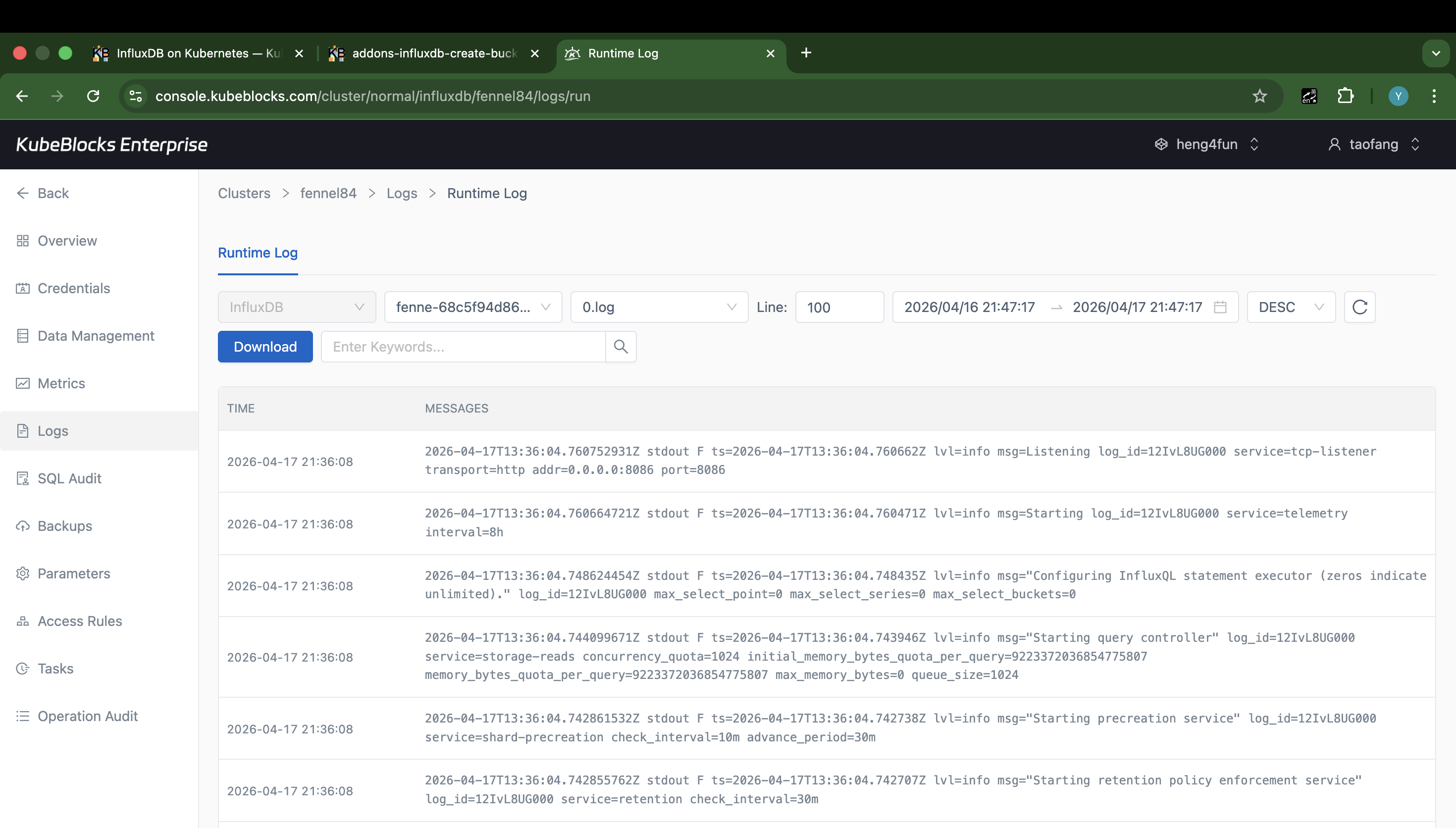 KubeBlocks Enterprise InfluxDB Runtime Log page showing real service log output