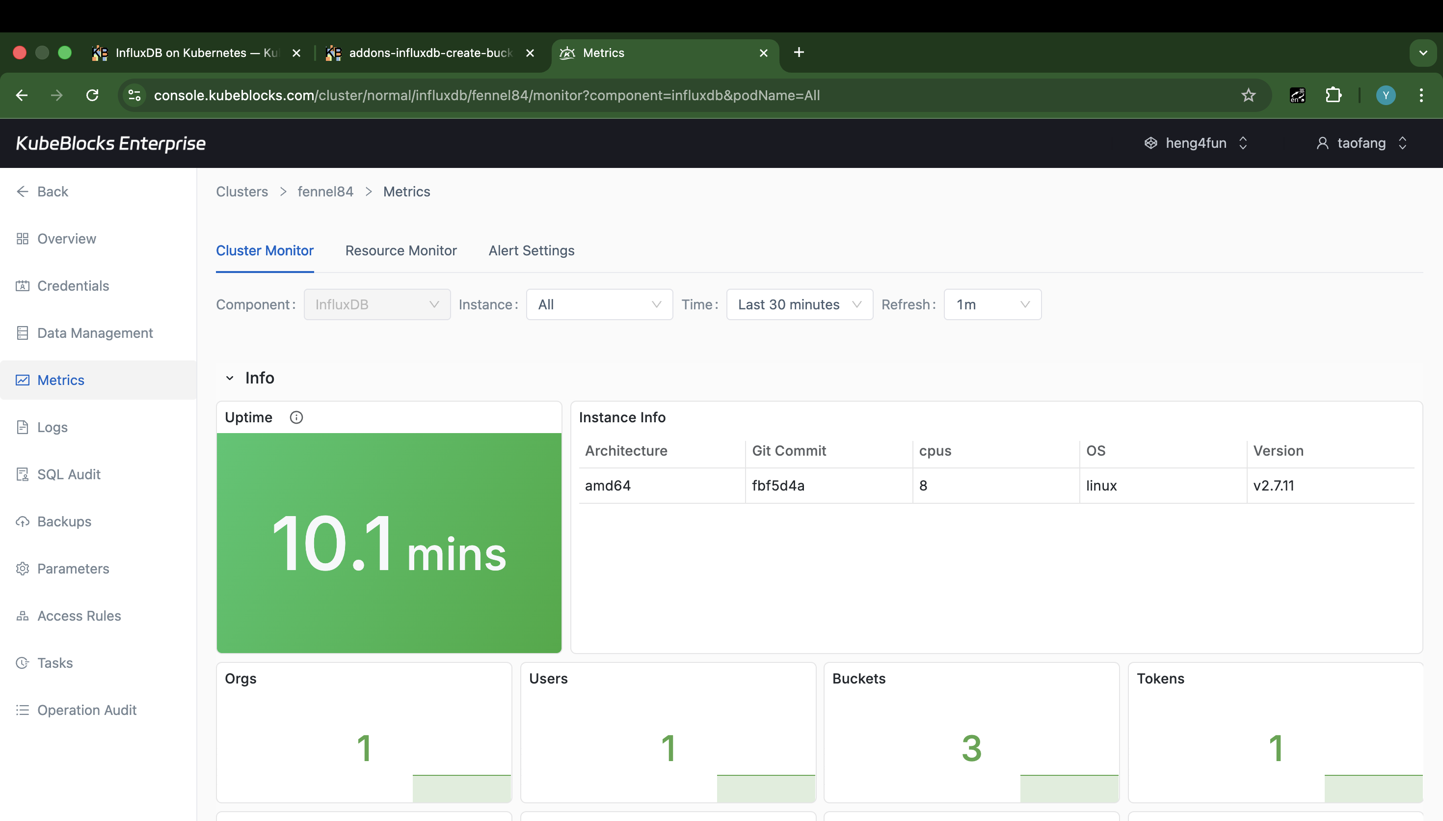 KubeBlocks Enterprise InfluxDB metrics dashboard showing Cluster Monitor cards and runtime details