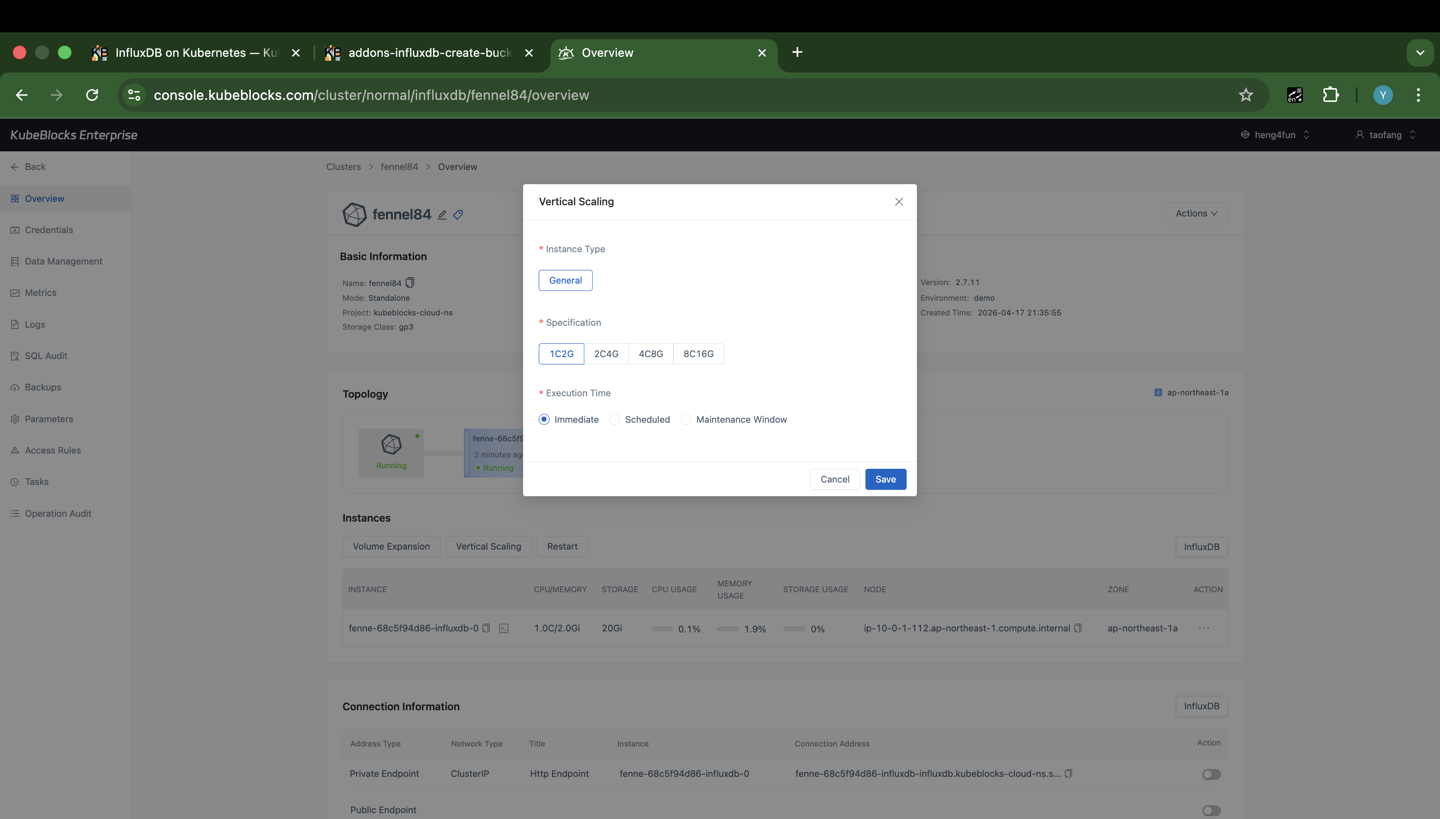 KubeBlocks Enterprise InfluxDB Vertical Scaling dialog showing CPU and memory specification options