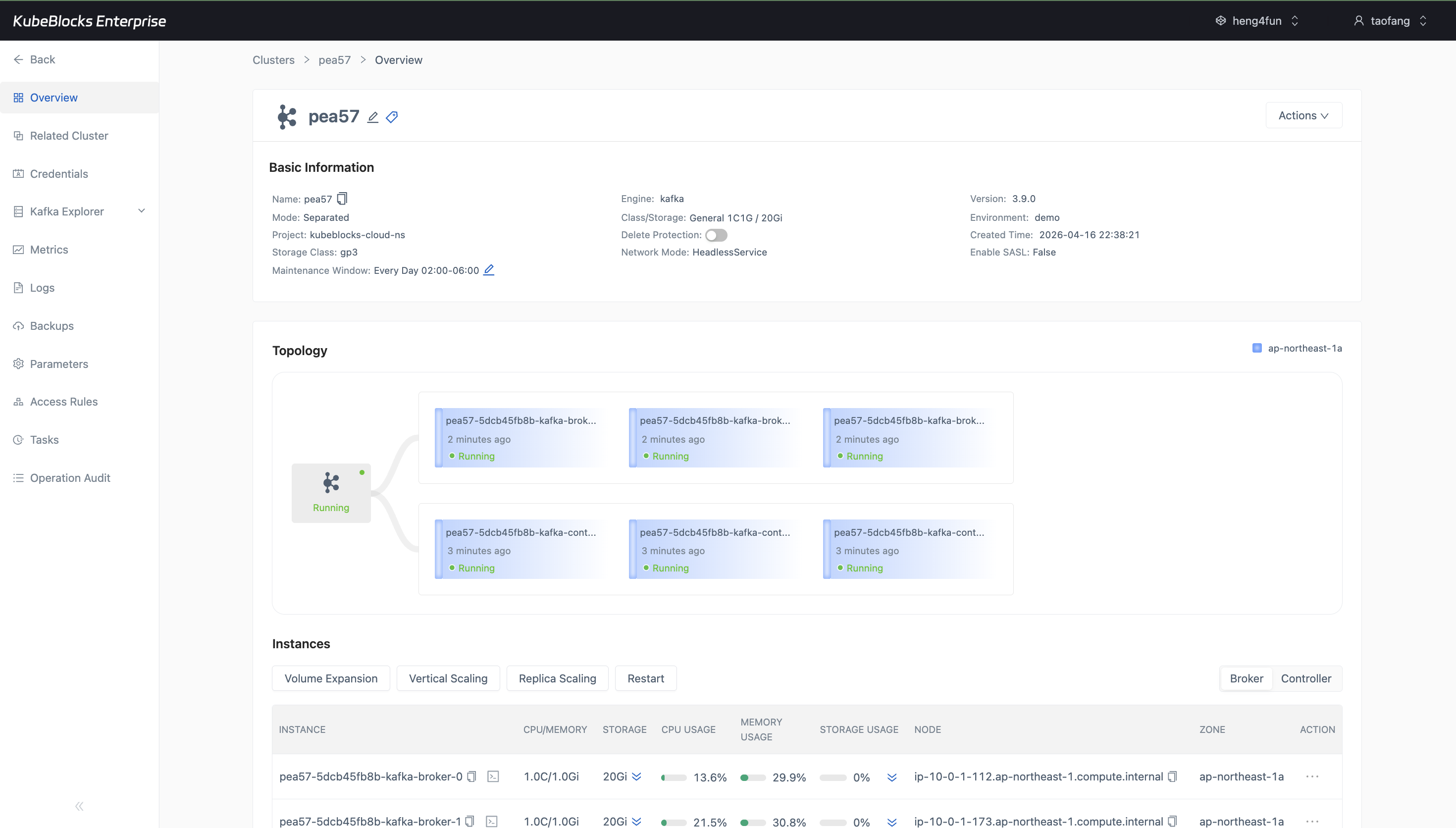 KubeBlocks Enterprise Kafka overview showing three running brokers and three running controllers in the topology