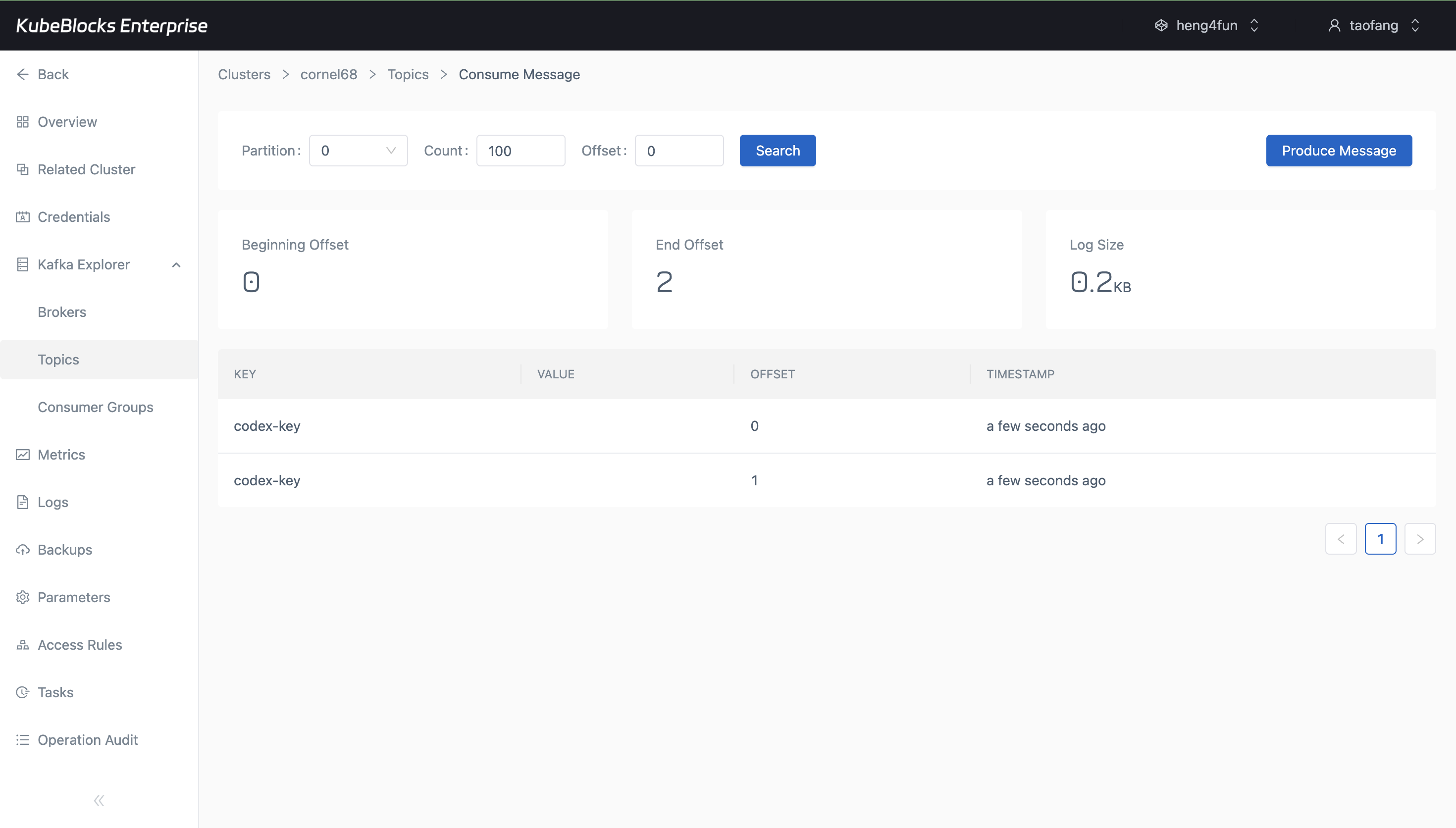 KubeBlocks Enterprise Kafka Explorer showing produced and consumed messages