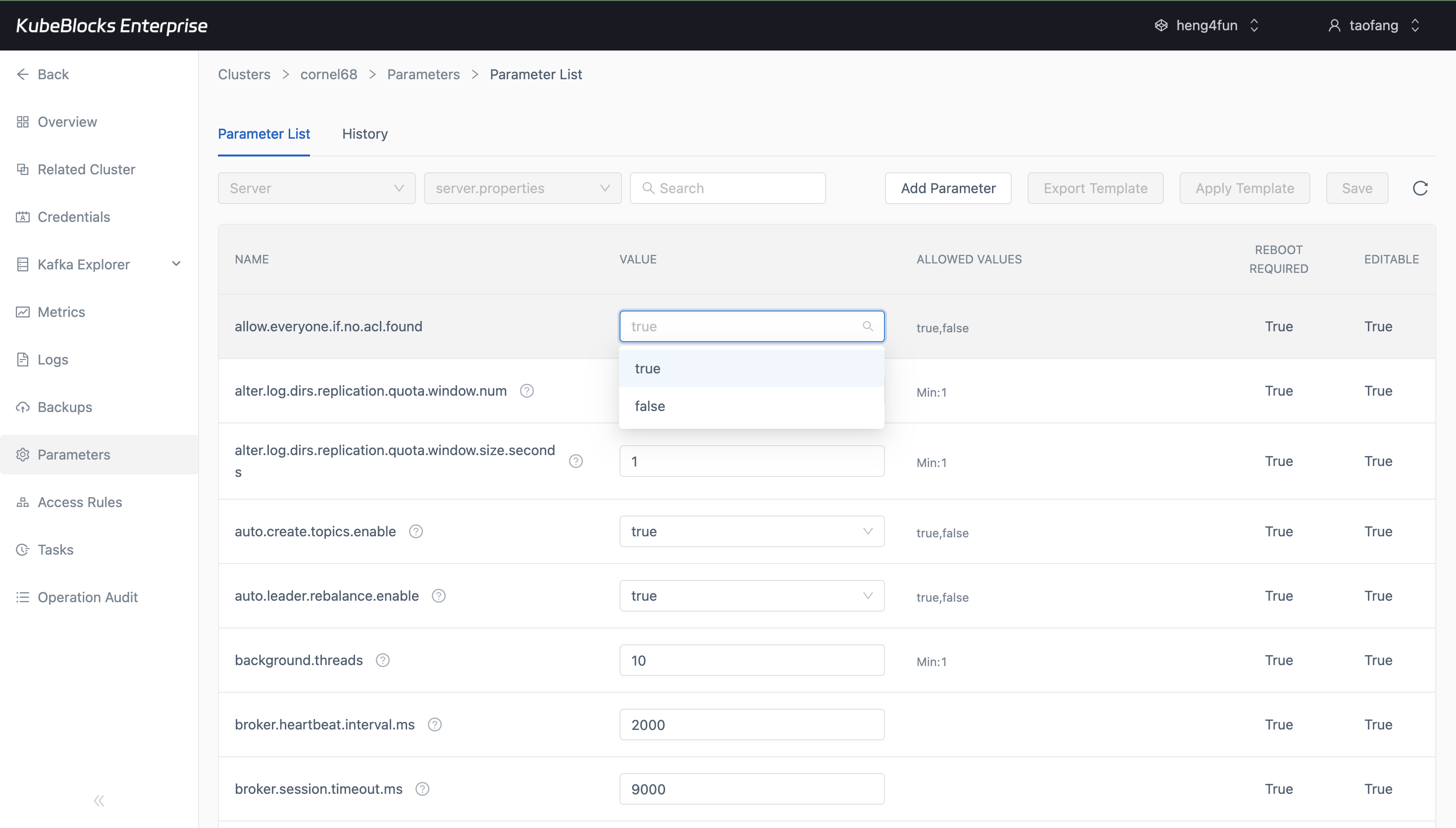 KubeBlocks Enterprise Kafka Parameters page showing editable Kafka settings