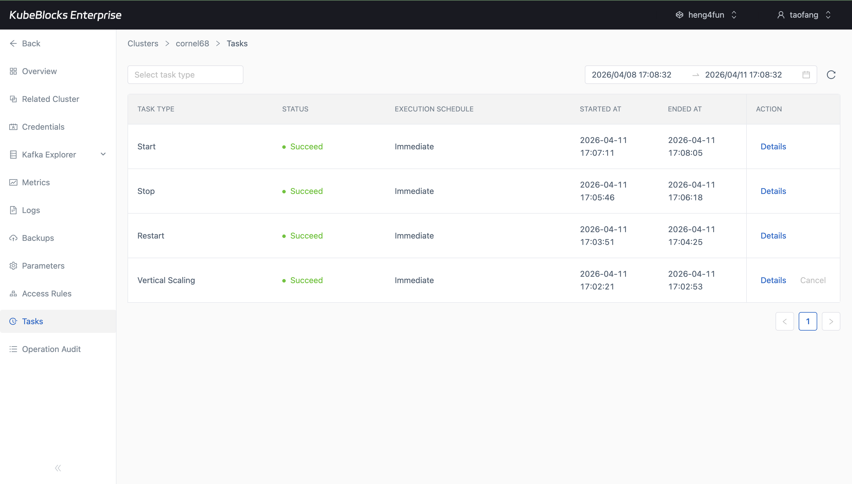 KubeBlocks Enterprise Kafka Tasks page showing operational history