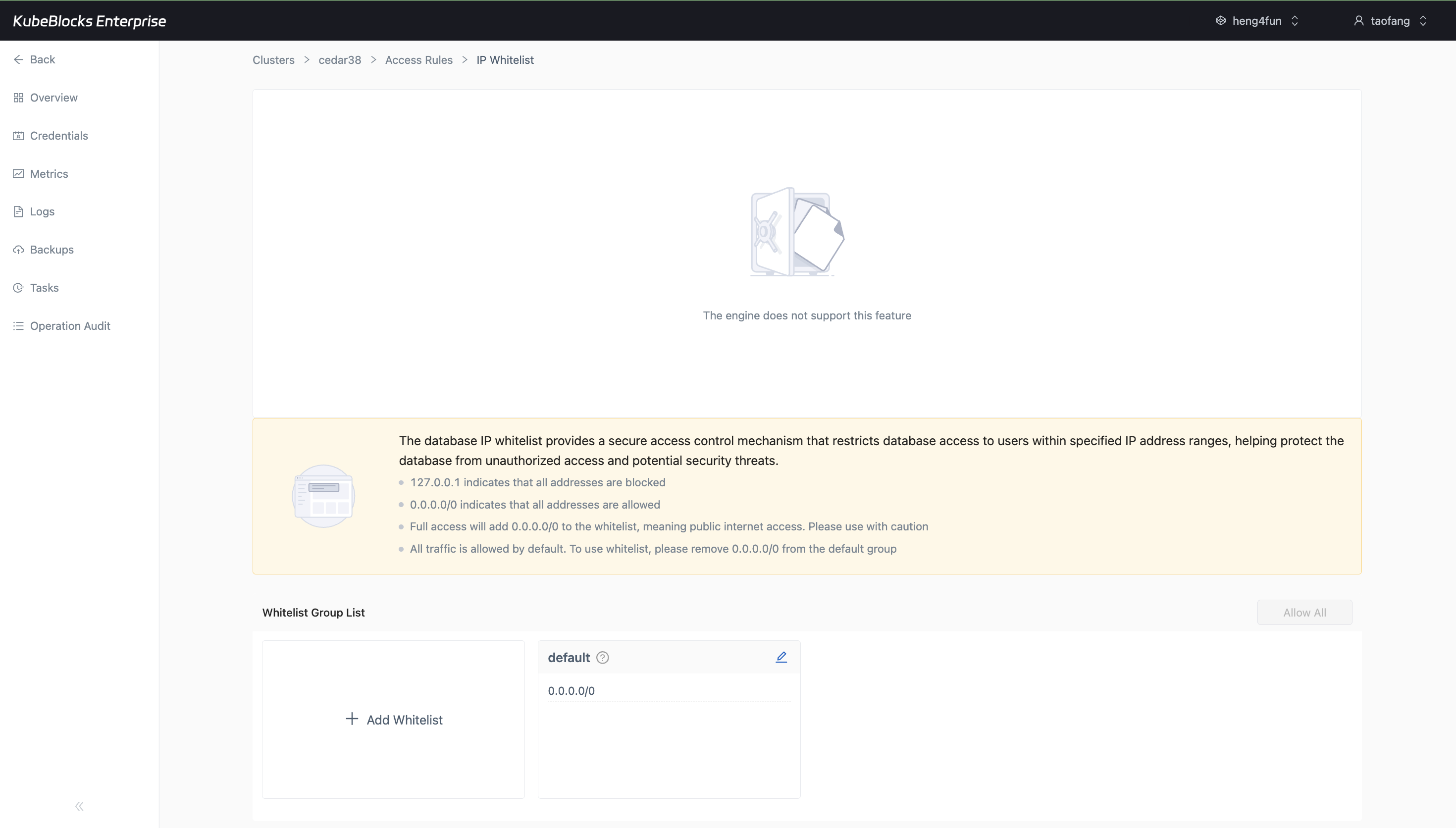KubeBlocks Enterprise Milvus Access Rules page showing the IP Whitelist tab, default group, and engine-support warning
