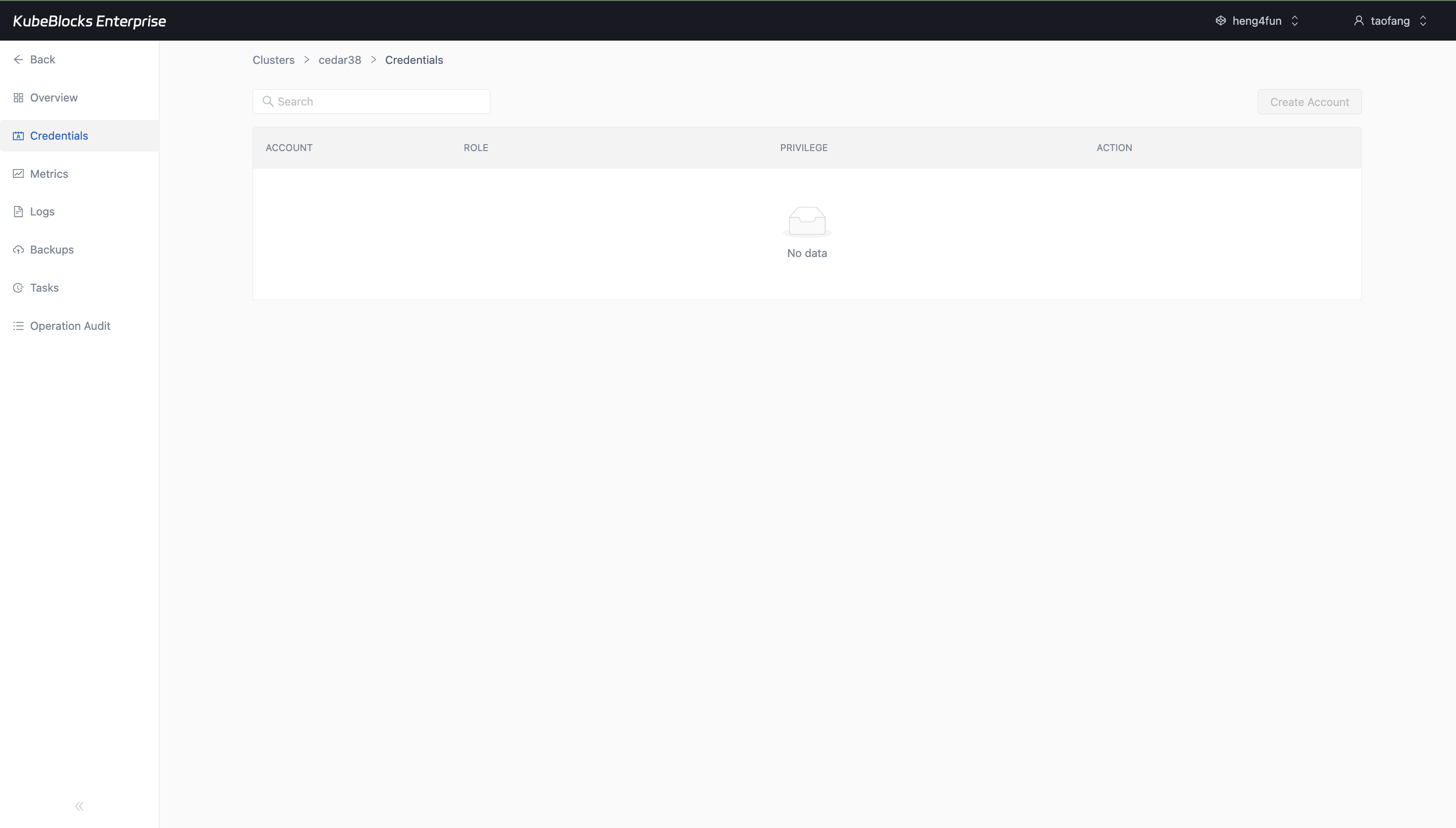KubeBlocks Enterprise Milvus Credentials page showing the Create Account entry point and empty account table