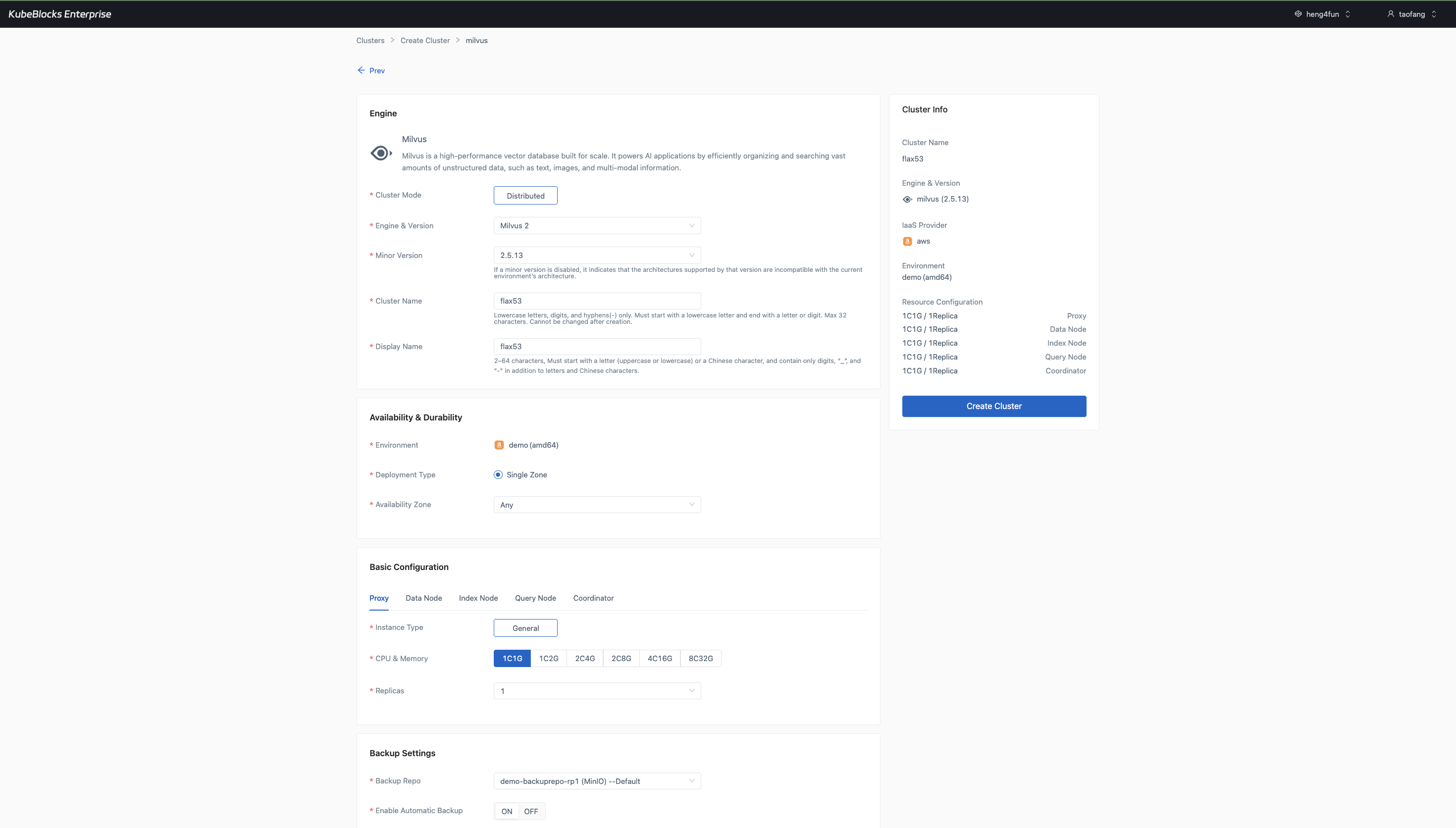 KubeBlocks Enterprise Milvus create wizard showing distributed mode, dependency service references, component sizing, backup settings, and project placement