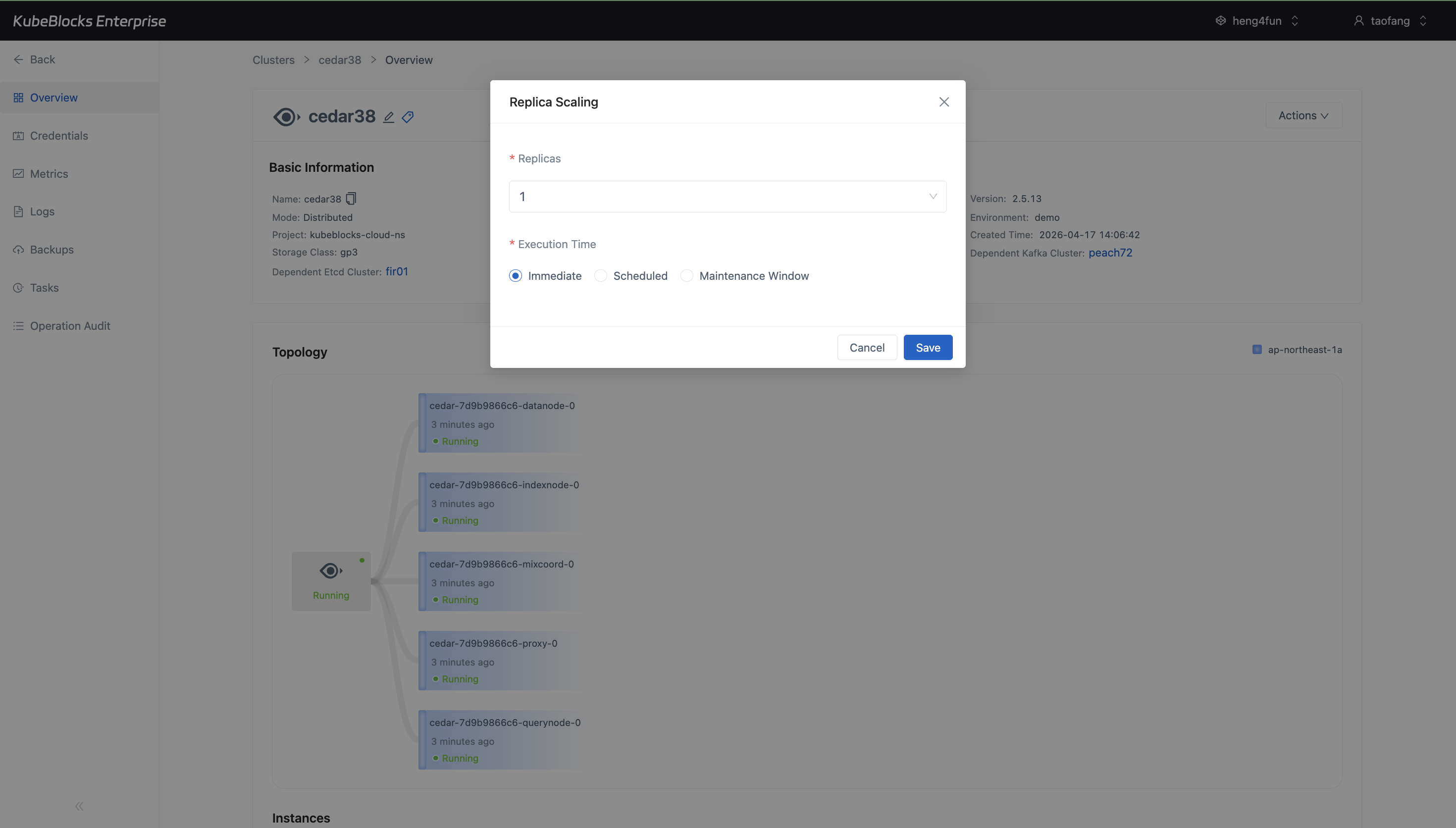 KubeBlocks Enterprise Milvus Horizontal Scaling dialog showing the current replica count and execution timing options