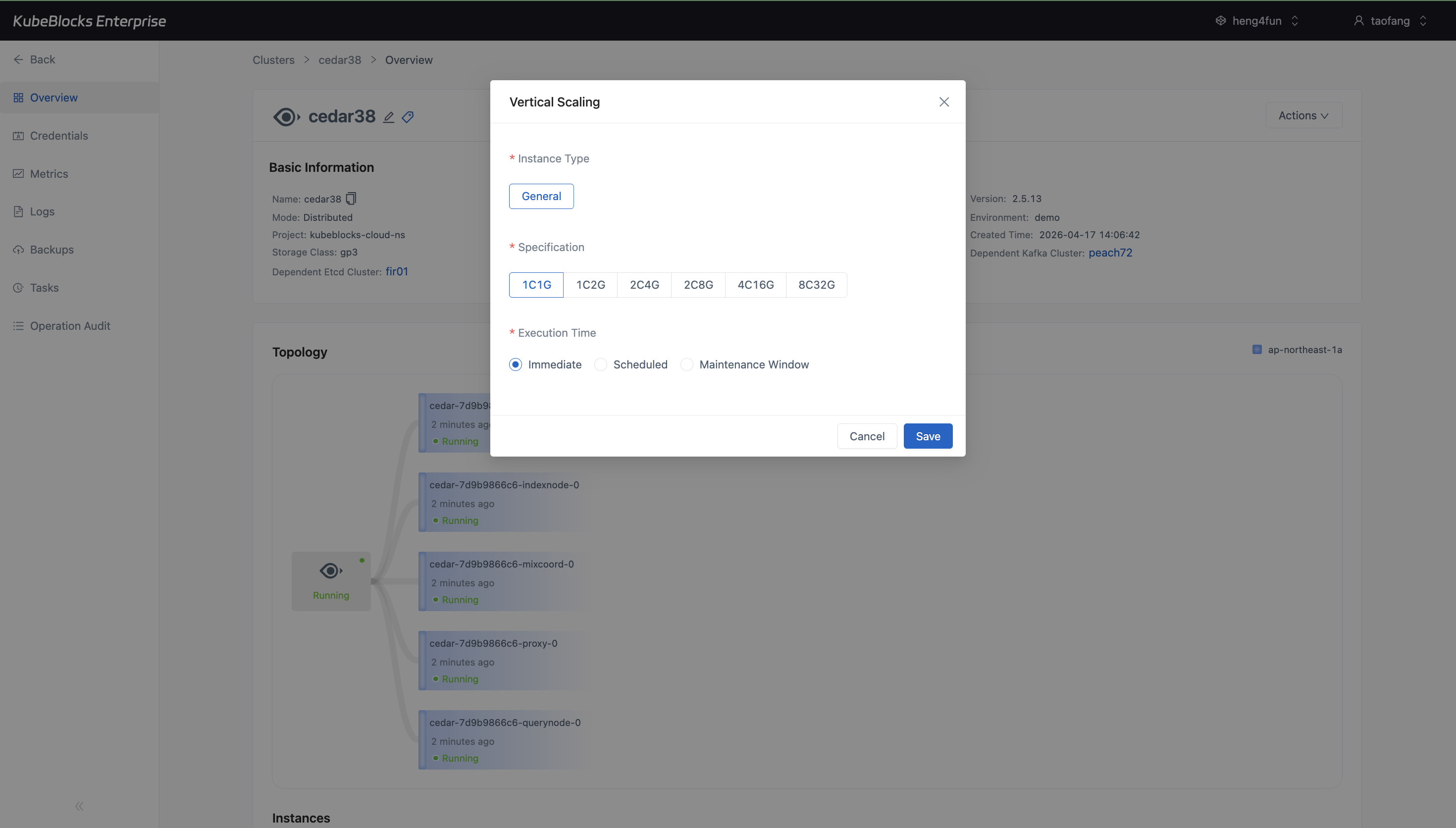 KubeBlocks Enterprise Milvus Vertical Scaling dialog showing CPU and memory specification options