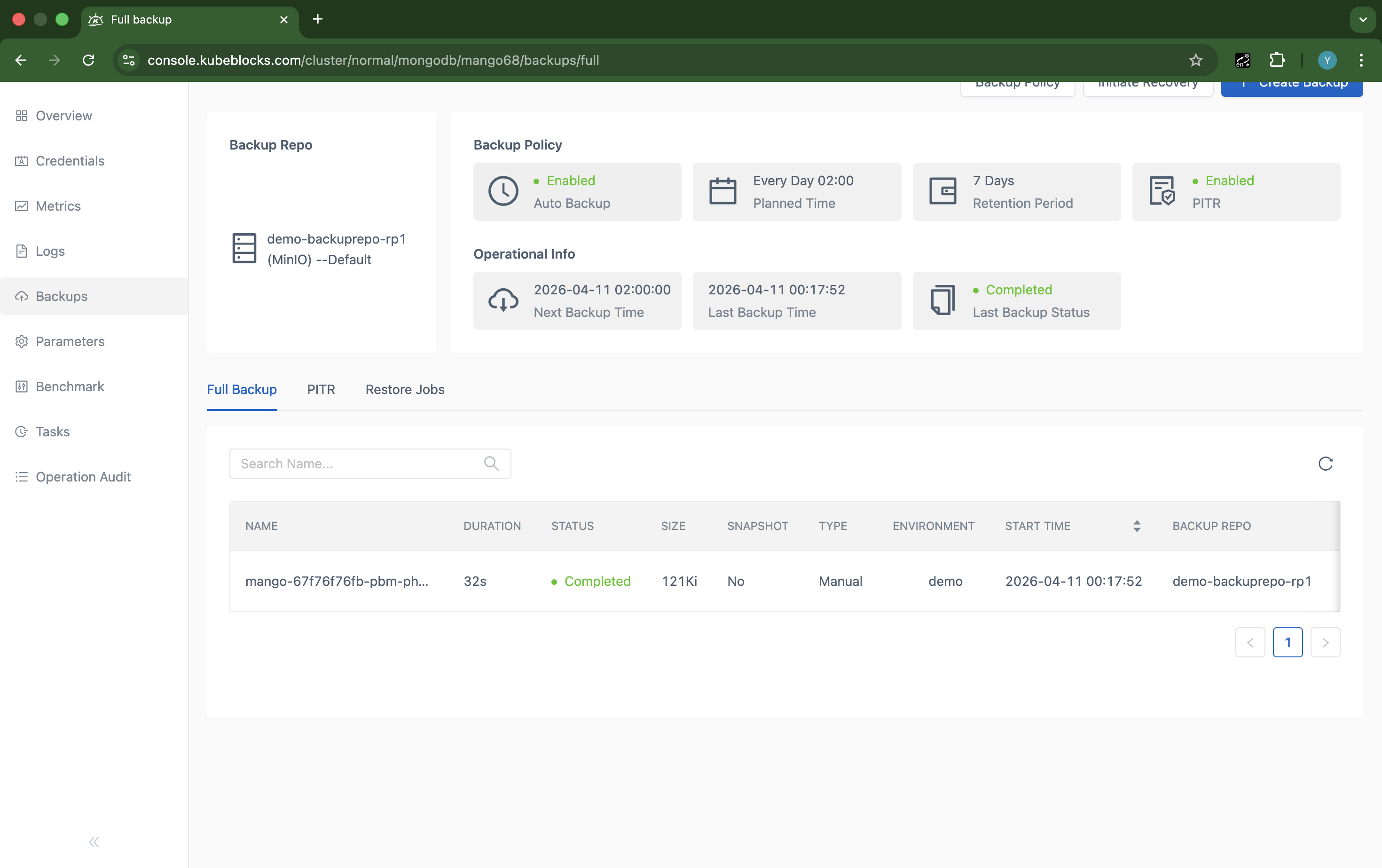 KubeBlocks Enterprise MongoDB backups page showing backup status and repository details