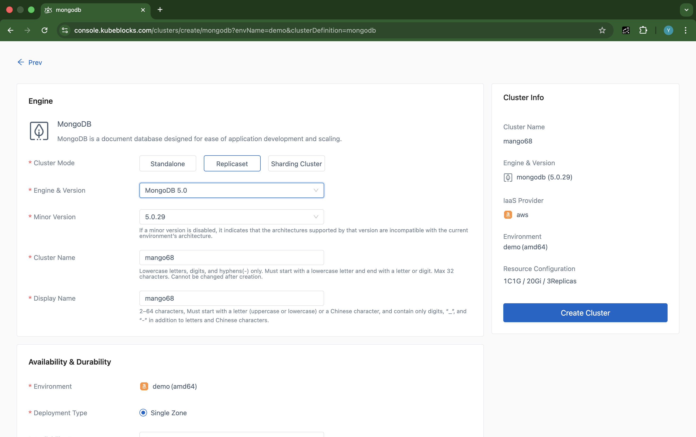 KubeBlocks Enterprise MongoDB create wizard showing mode, version, resource, storage, and backup options