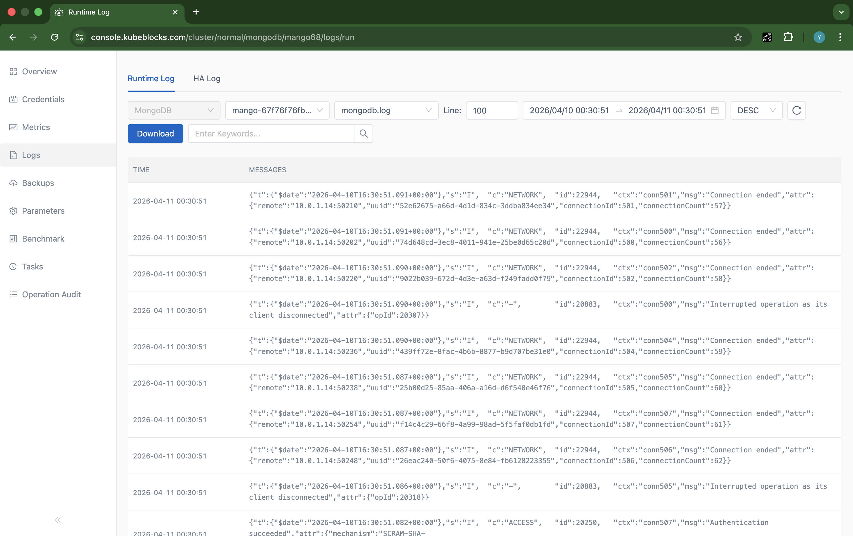KubeBlocks Enterprise MongoDB logs page showing runtime log output