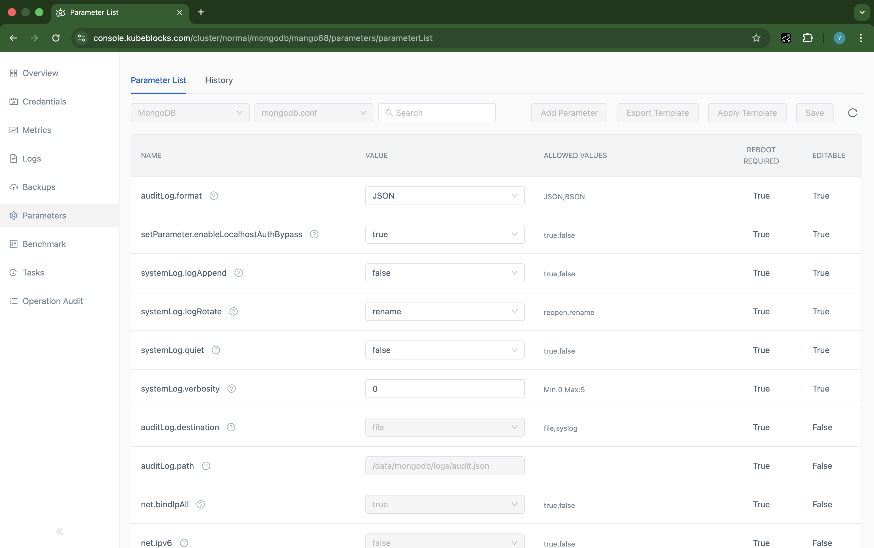 KubeBlocks Enterprise MongoDB parameters page showing the current parameter list