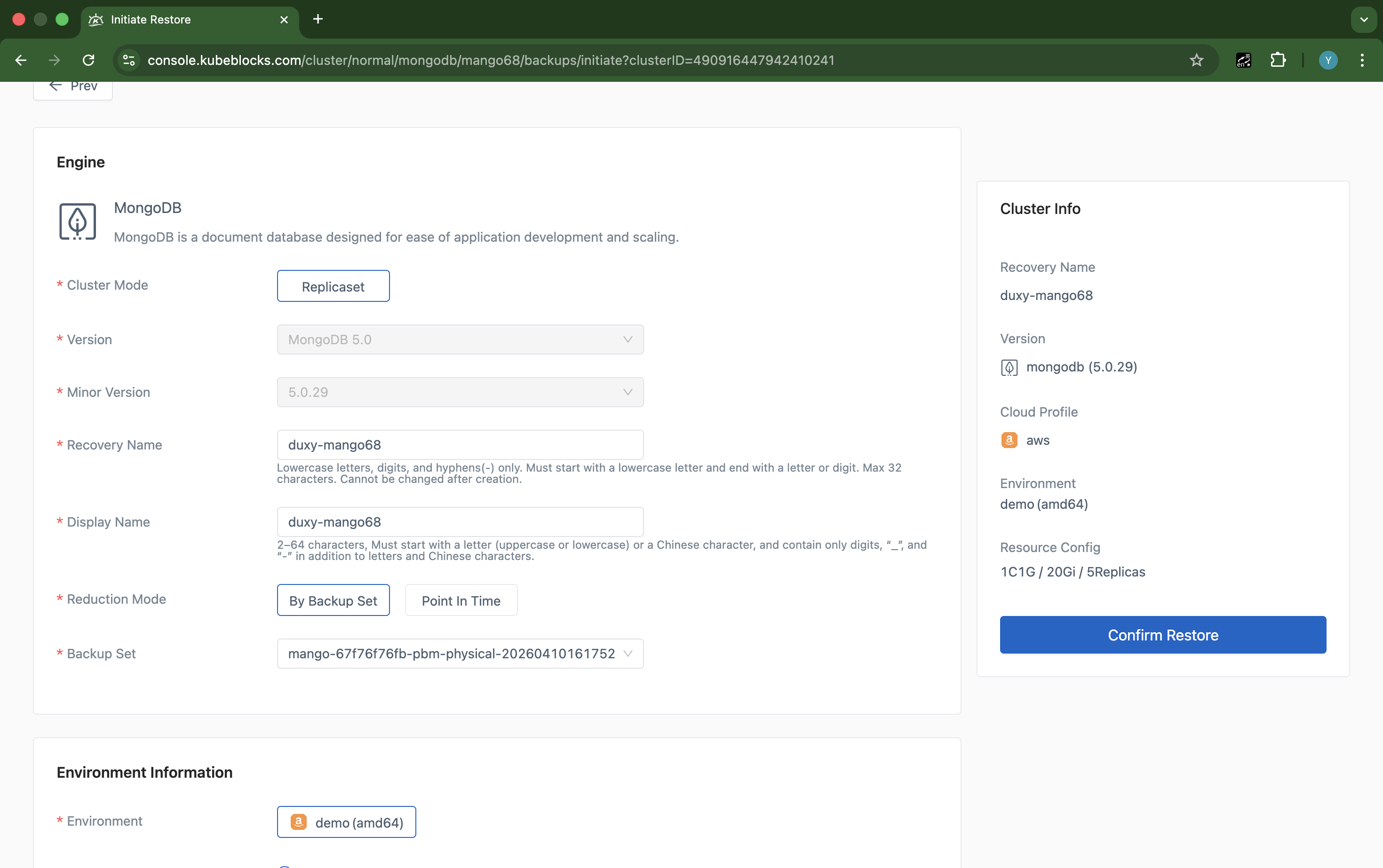 KubeBlocks Enterprise MongoDB restore wizard showing backup selection and restore settings