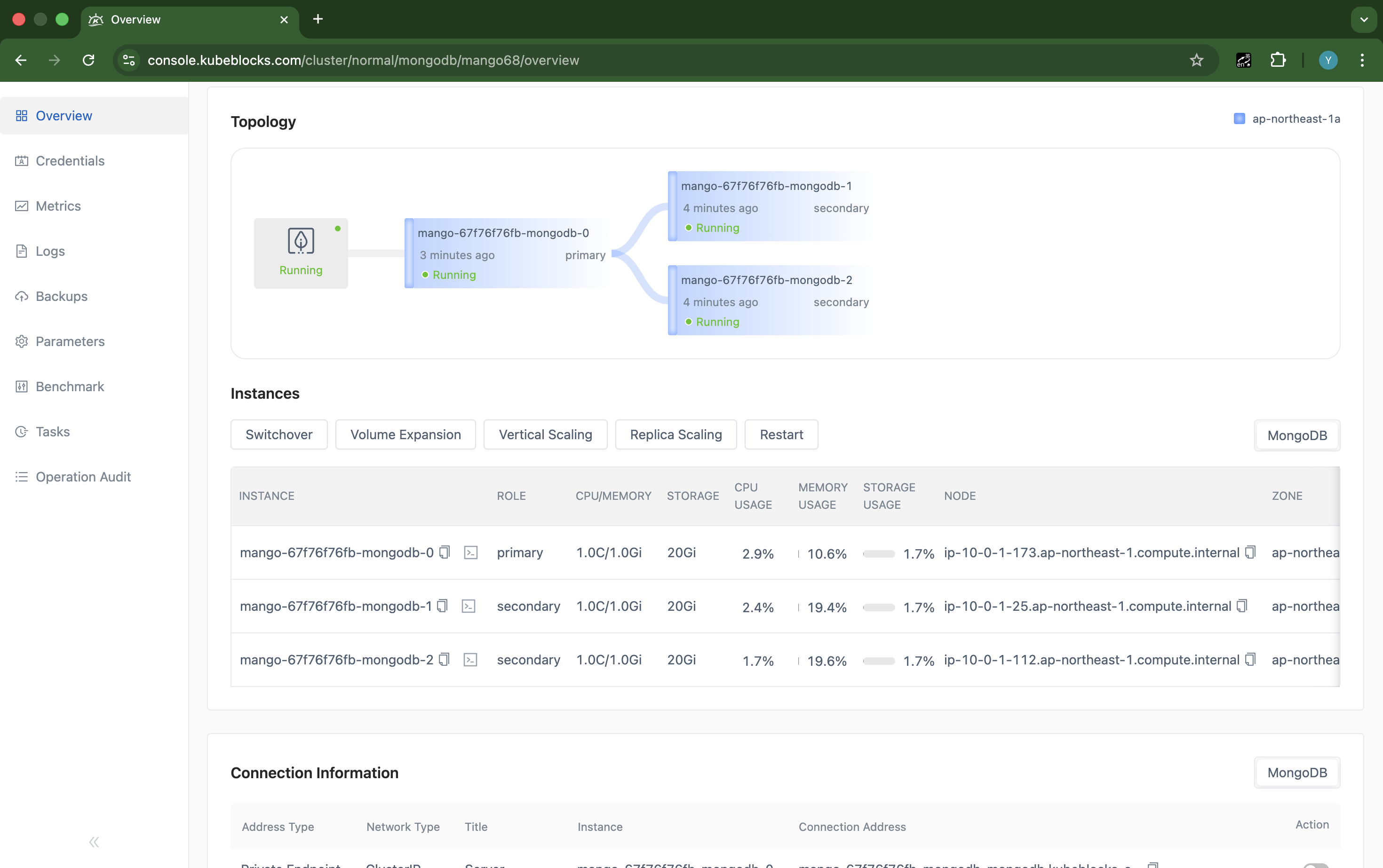KubeBlocks Enterprise MongoDB showing the replica set after a planned primary change