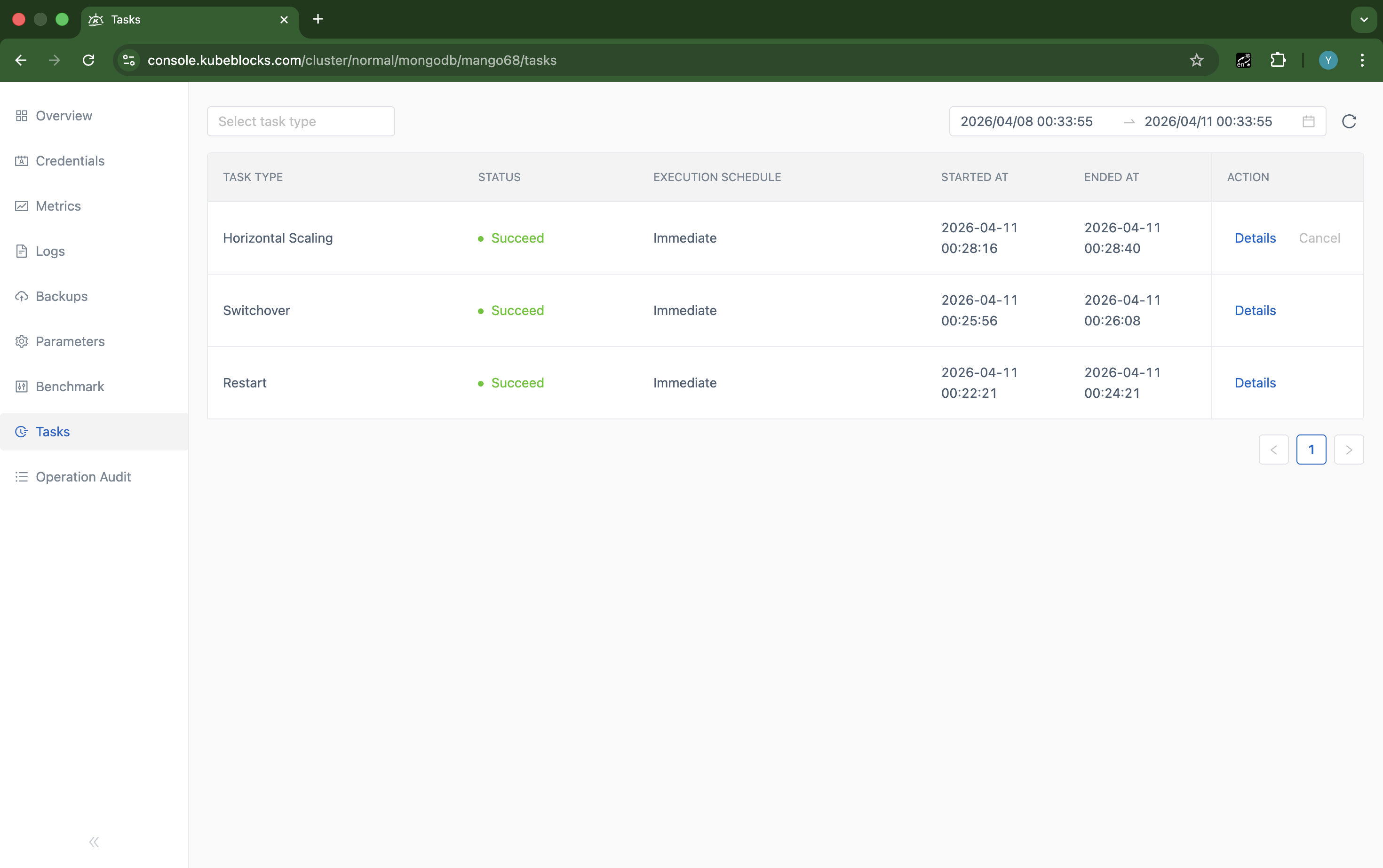 KubeBlocks Enterprise MongoDB tasks page showing completed operational records