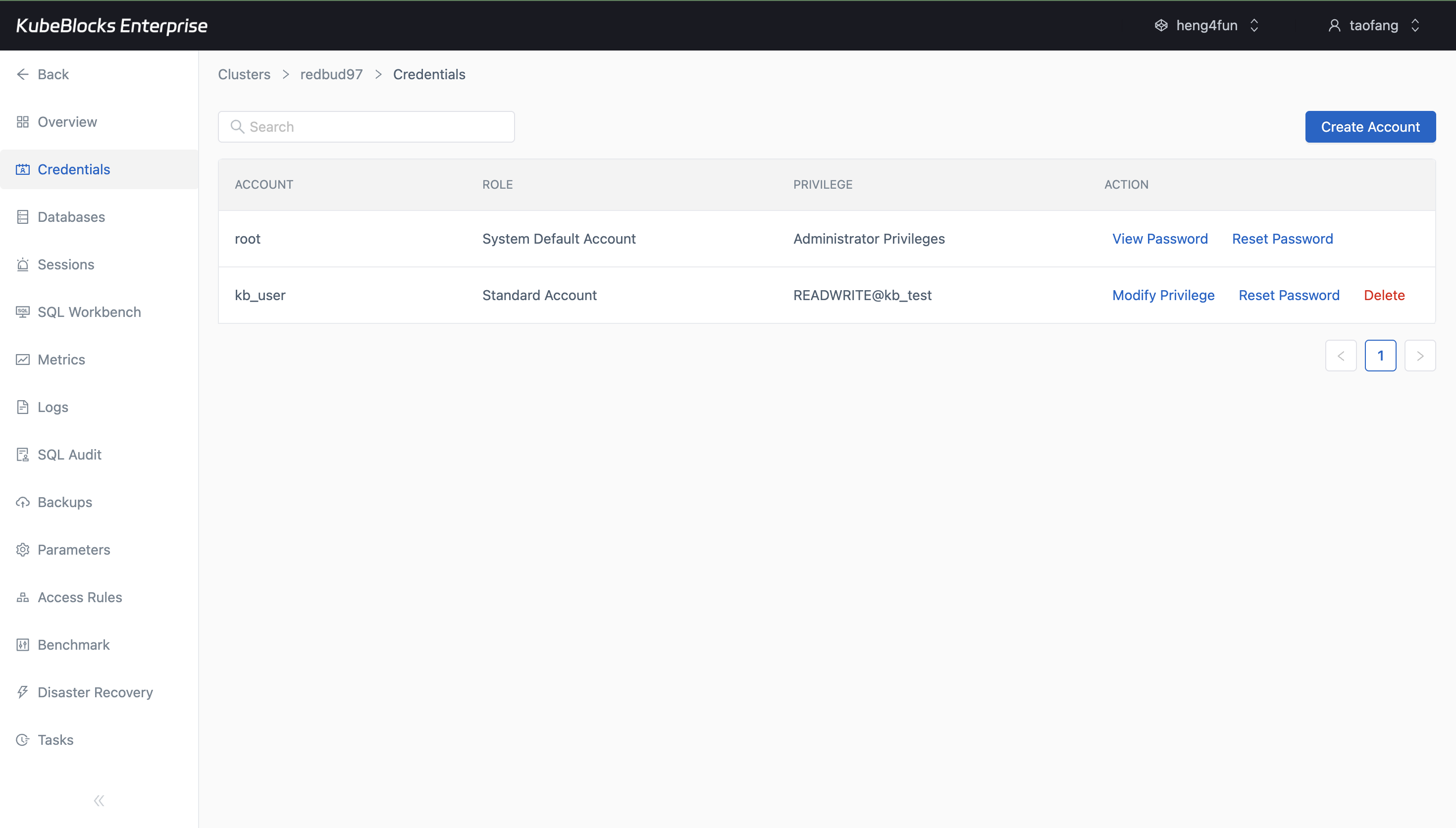 KubeBlocks Enterprise MySQL Credentials page showing a created account and privileges