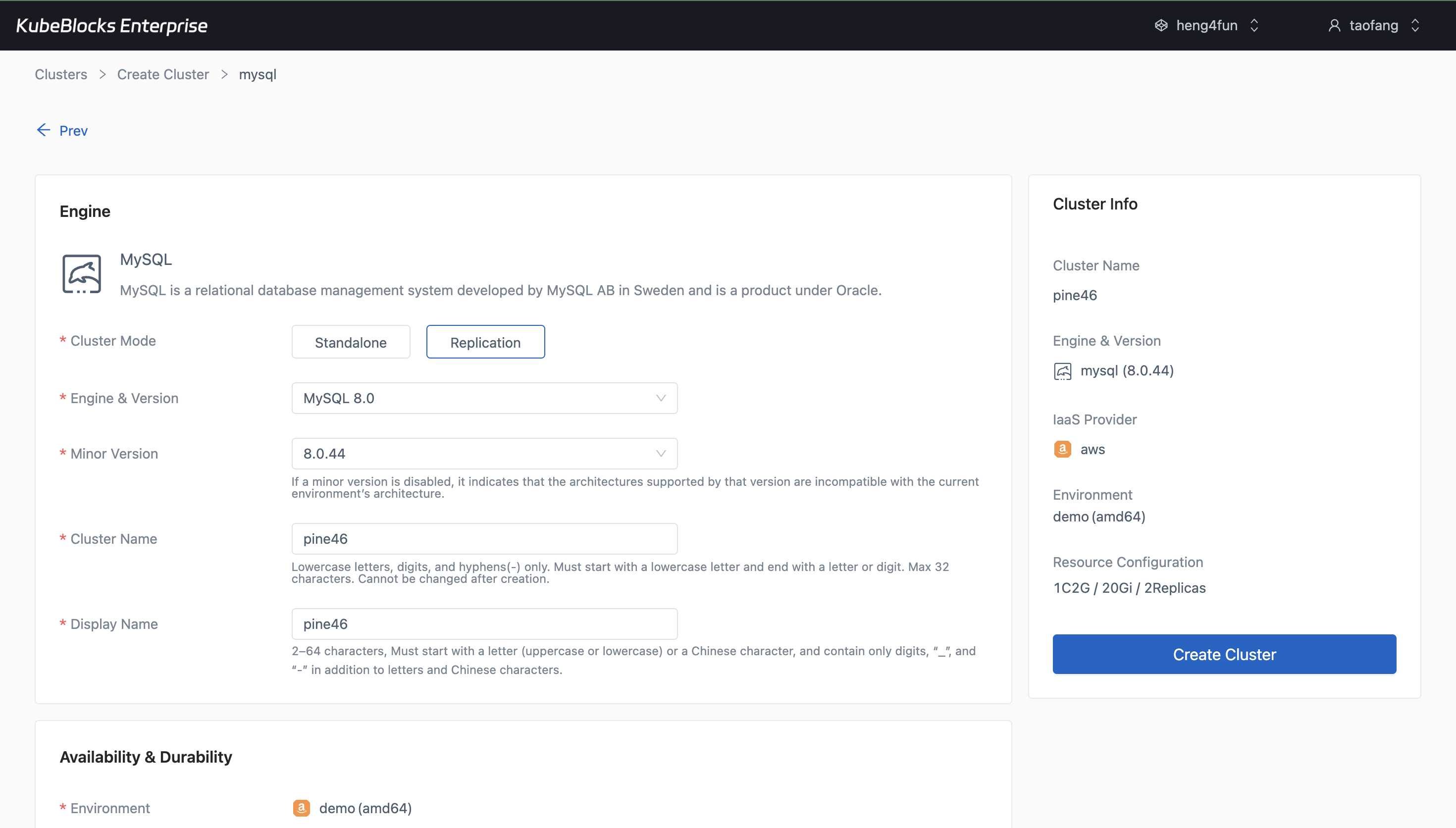 KubeBlocks Enterprise MySQL create wizard showing version, topology, compute, storage, and backup options
