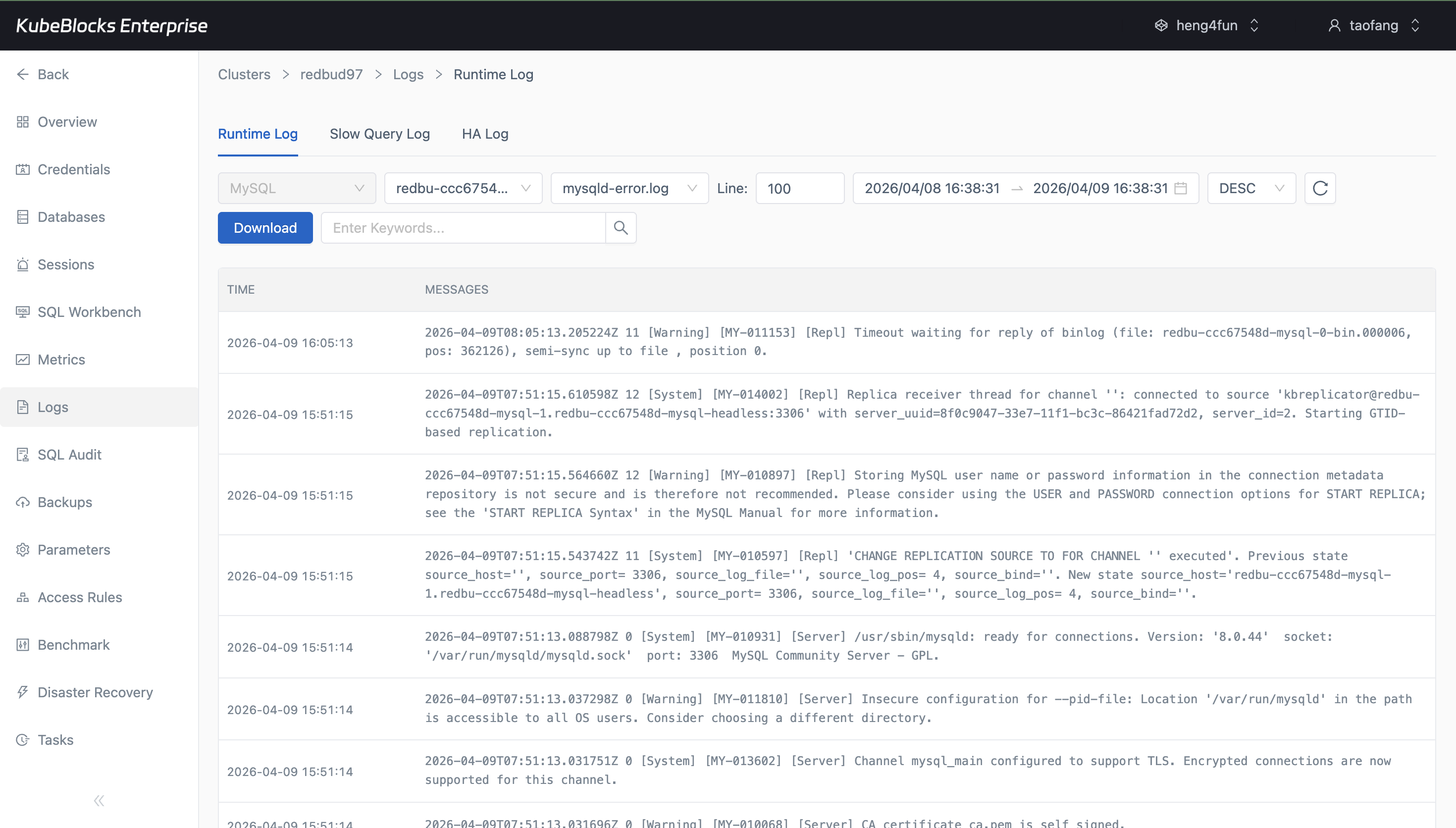 KubeBlocks Enterprise MySQL Runtime Log page showing runtime and slow query log views