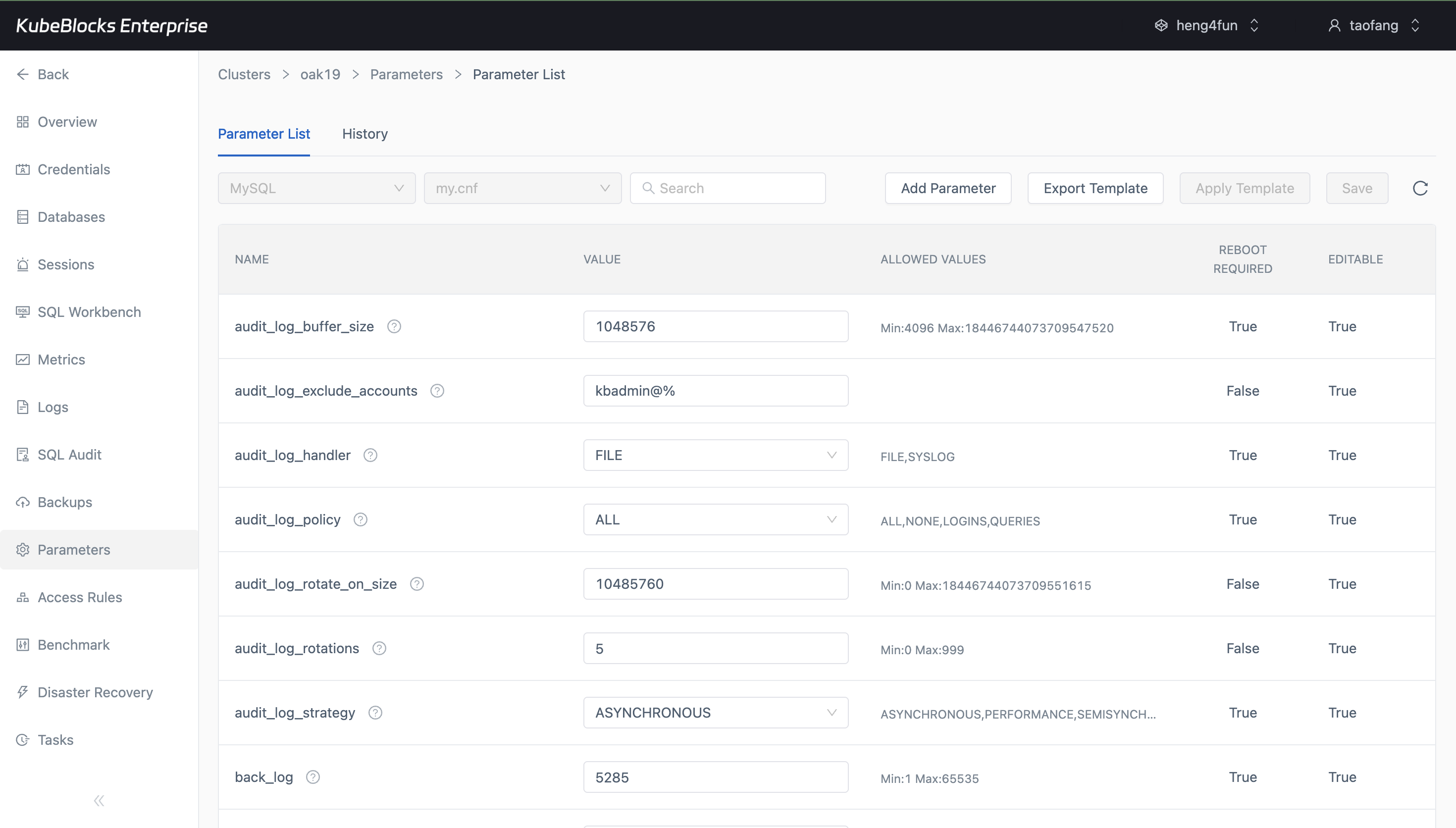 KubeBlocks Enterprise MySQL Parameters page showing editable MySQL settings