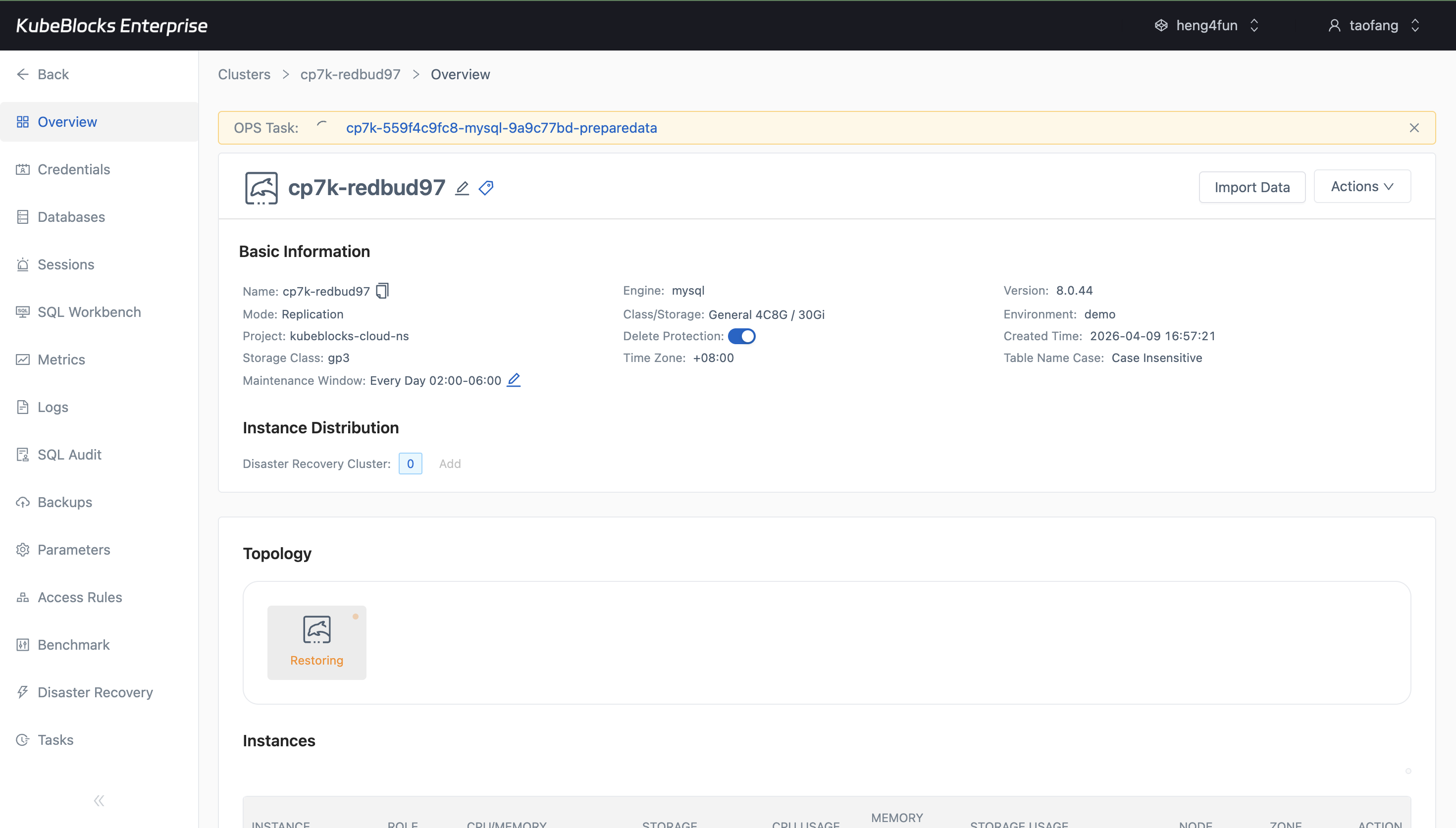 KubeBlocks Enterprise MySQL restore workflow showing a restored cluster overview and progress