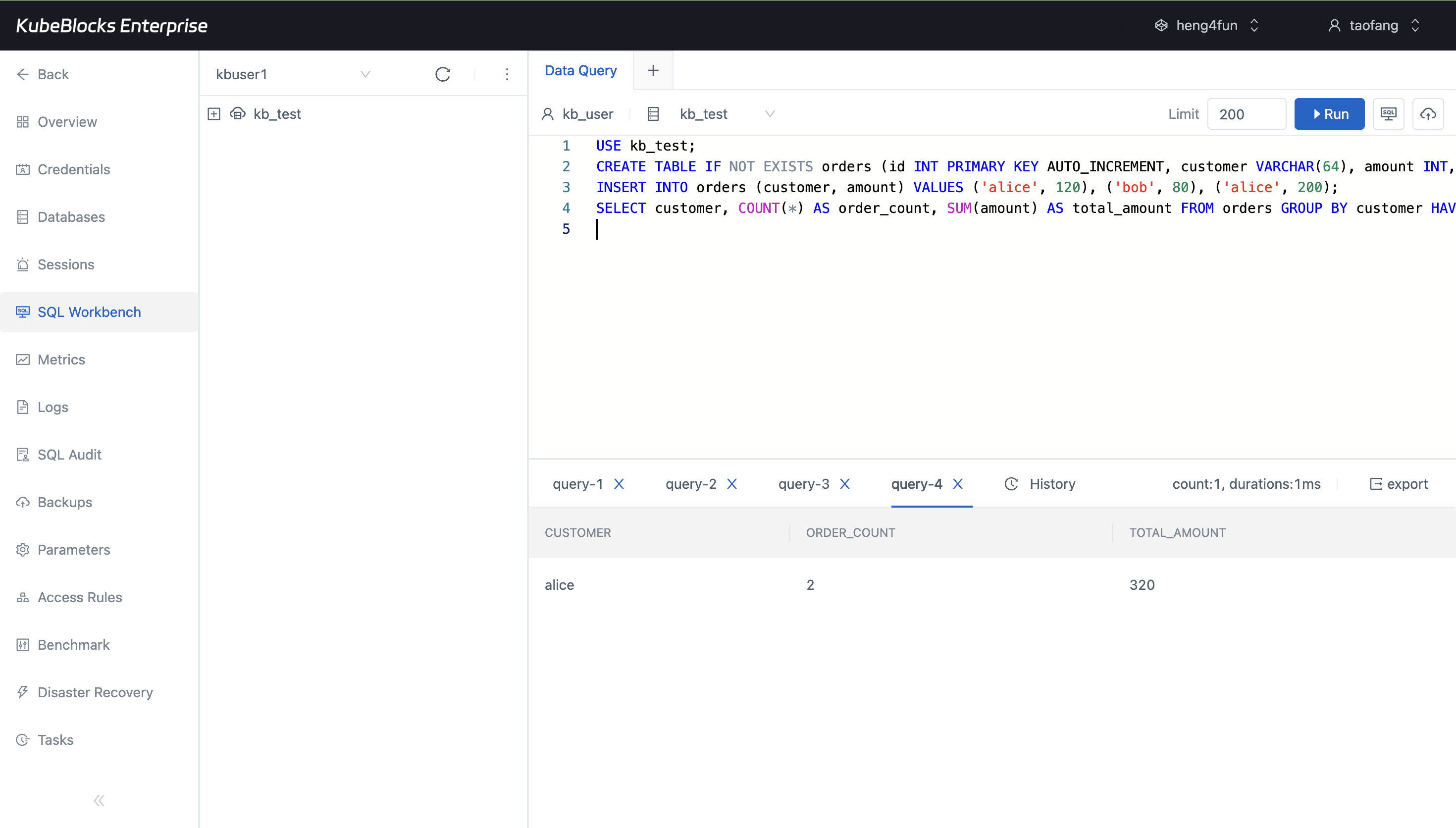 KubeBlocks Enterprise MySQL SQL Workbench showing executed queries and result rows