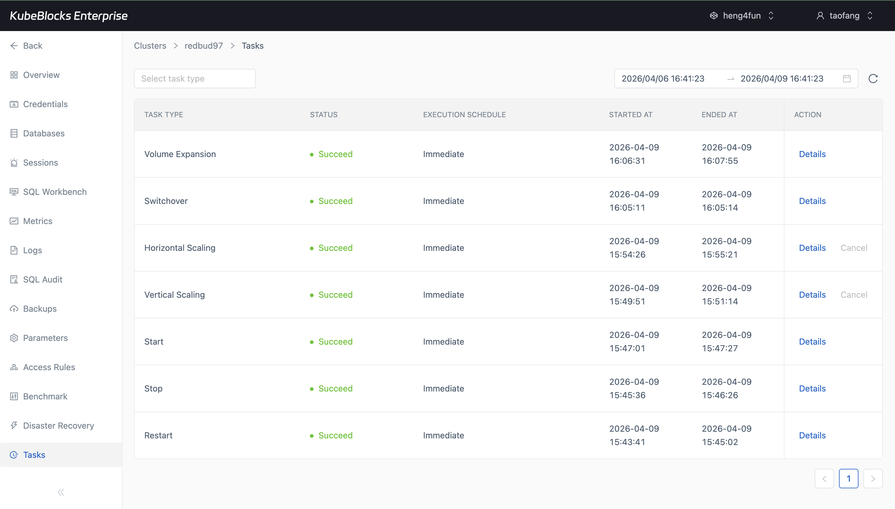 KubeBlocks Enterprise MySQL Tasks page listing restart, scaling, switchover, backup, and restore operations
