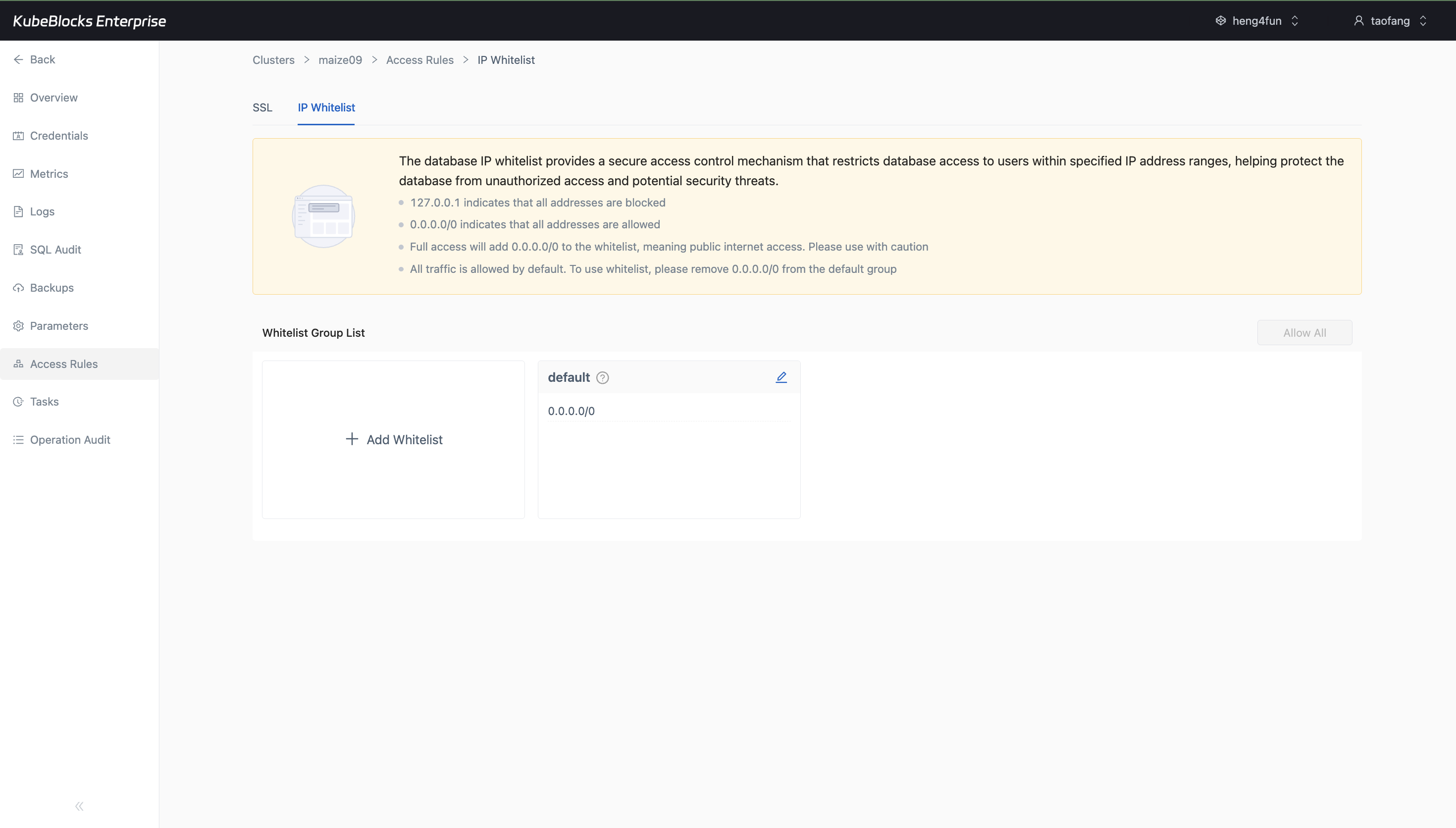 KubeBlocks Enterprise Oracle IP Whitelist page showing whitelist groups and allowed CIDR ranges