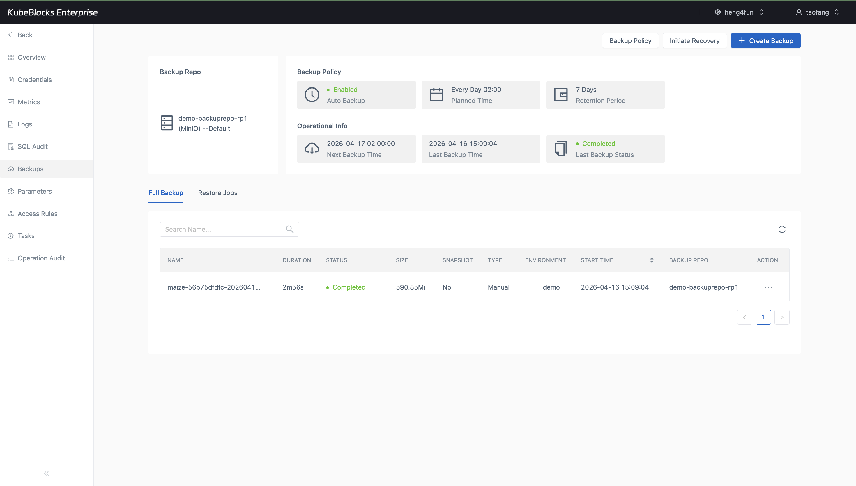 KubeBlocks Enterprise Oracle Backups page showing backup workflow state