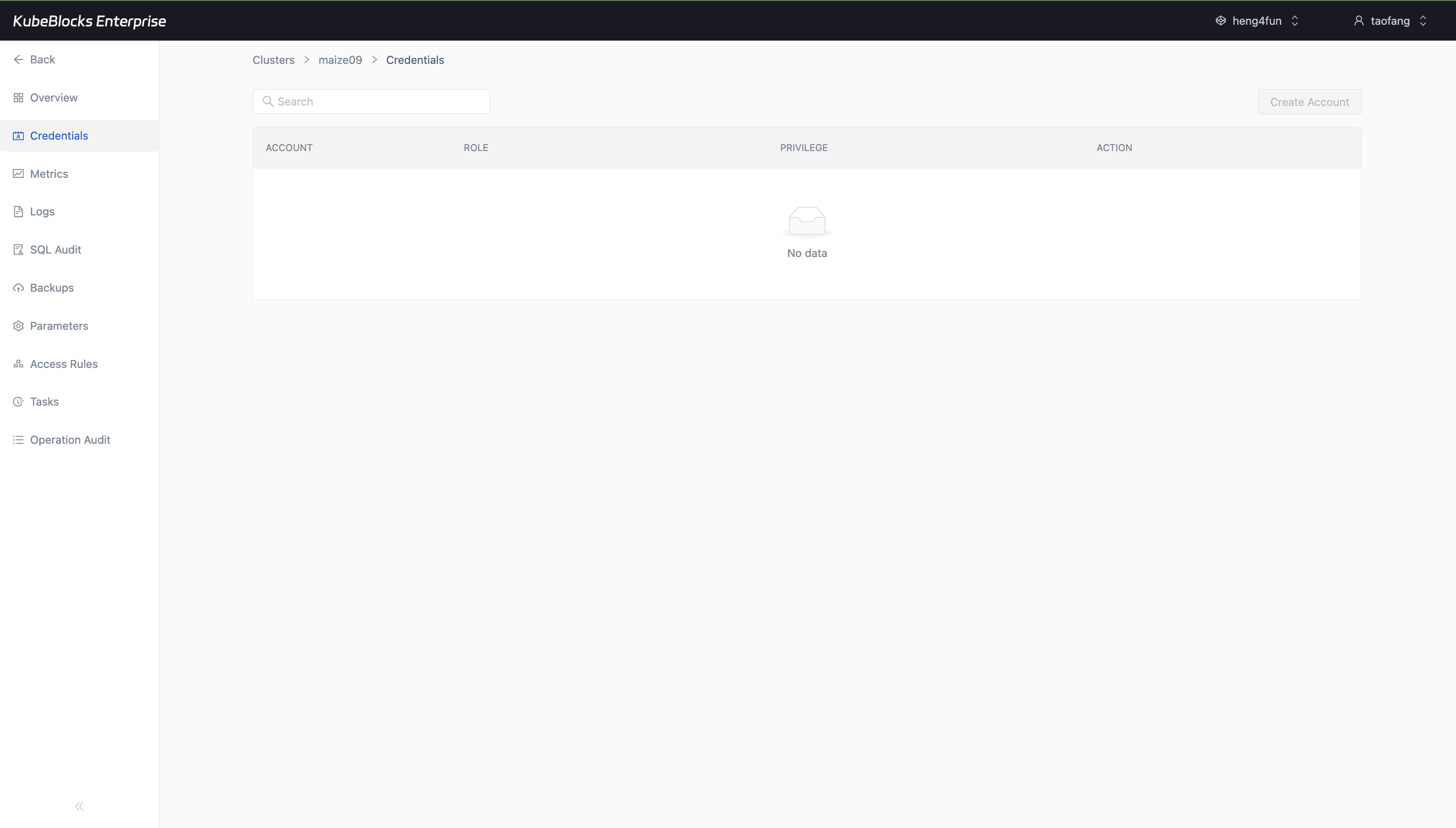 KubeBlocks Enterprise Oracle Credentials page showing the Create Account entry point