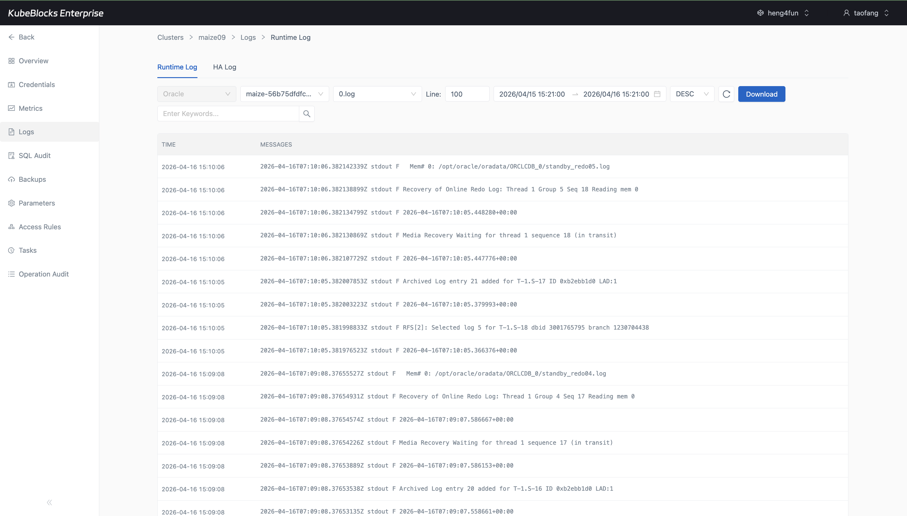 KubeBlocks Enterprise Oracle Runtime Log page showing real log output