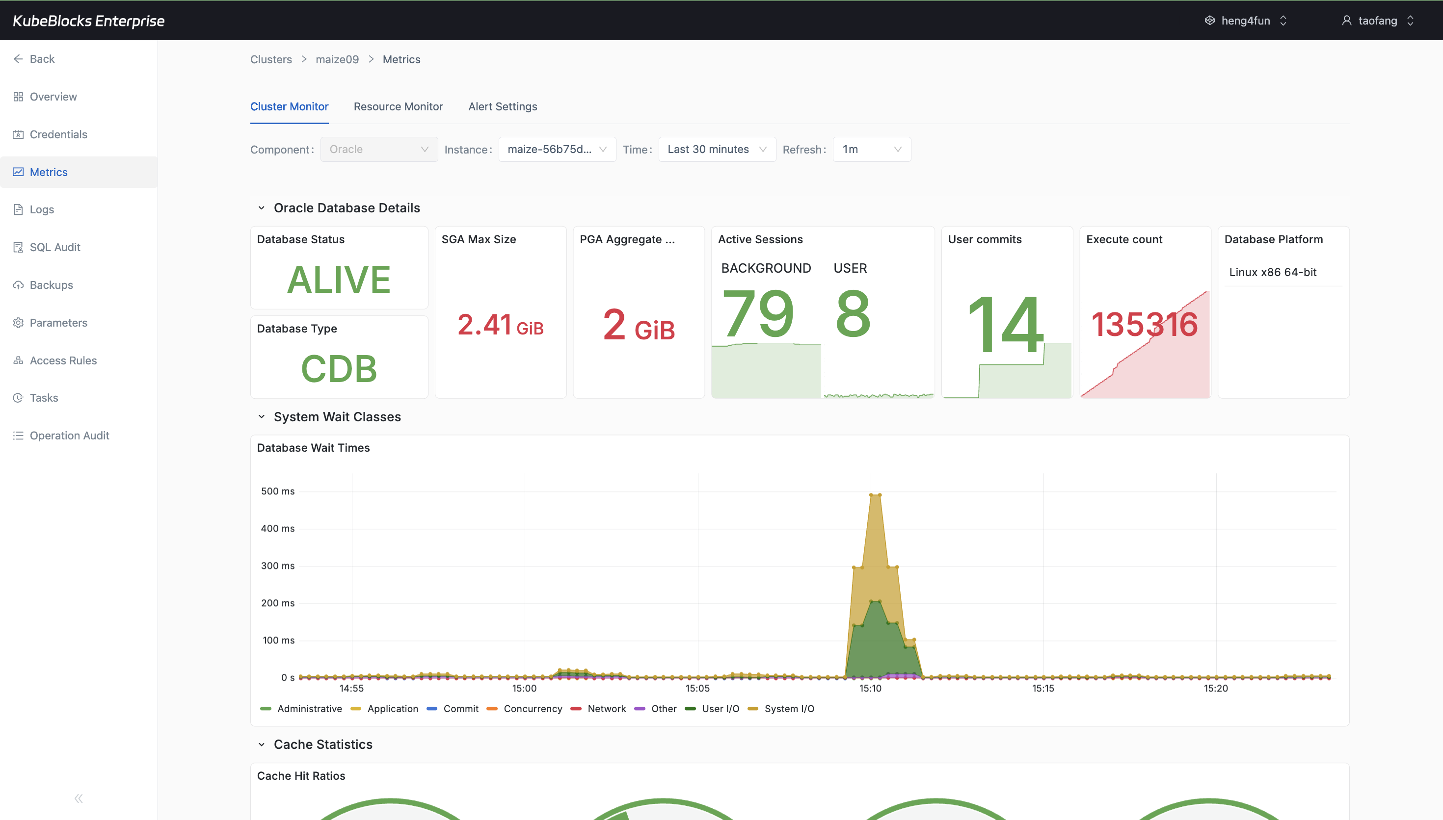 KubeBlocks Enterprise Oracle metrics dashboard showing Cluster Monitor charts