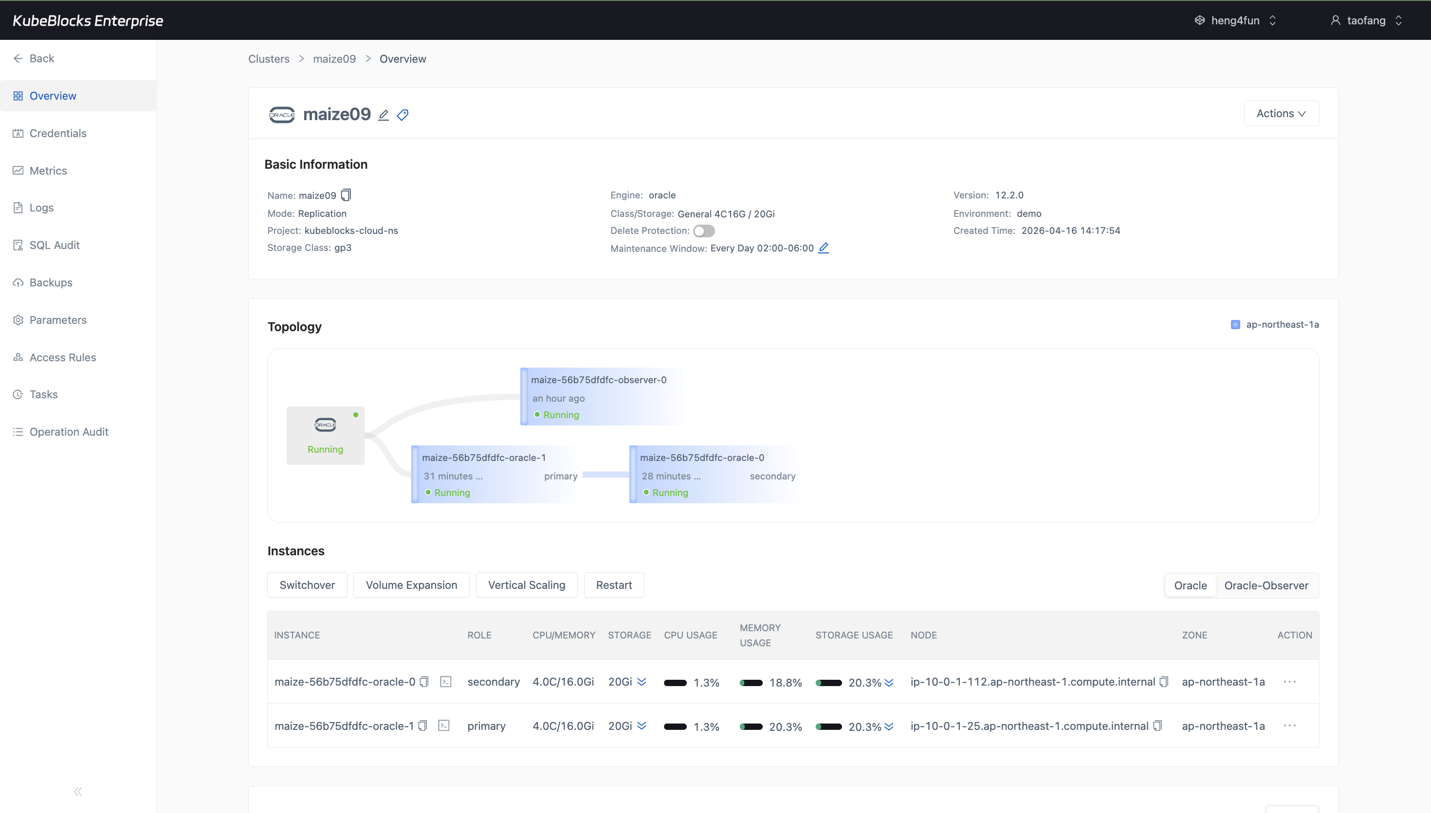 KubeBlocks Enterprise Oracle overview showing a running replication cluster with lifecycle action entry points visible