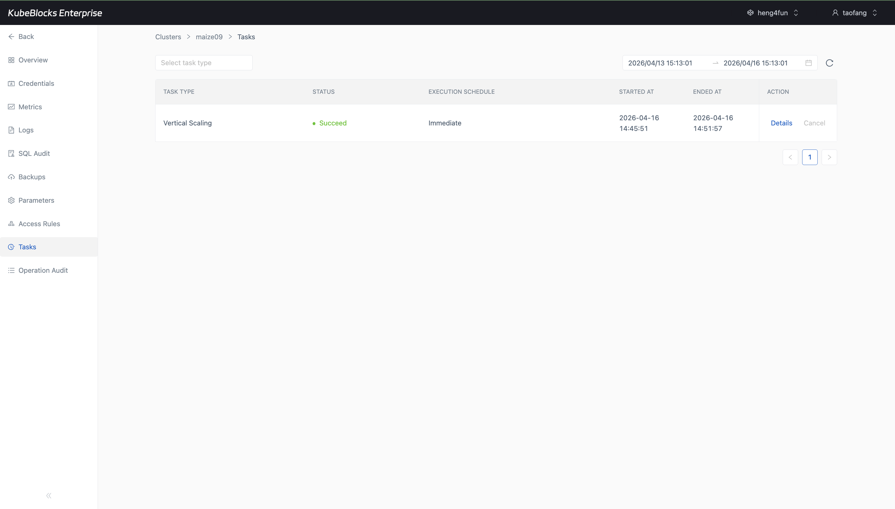KubeBlocks Enterprise Oracle Tasks page showing operational task history