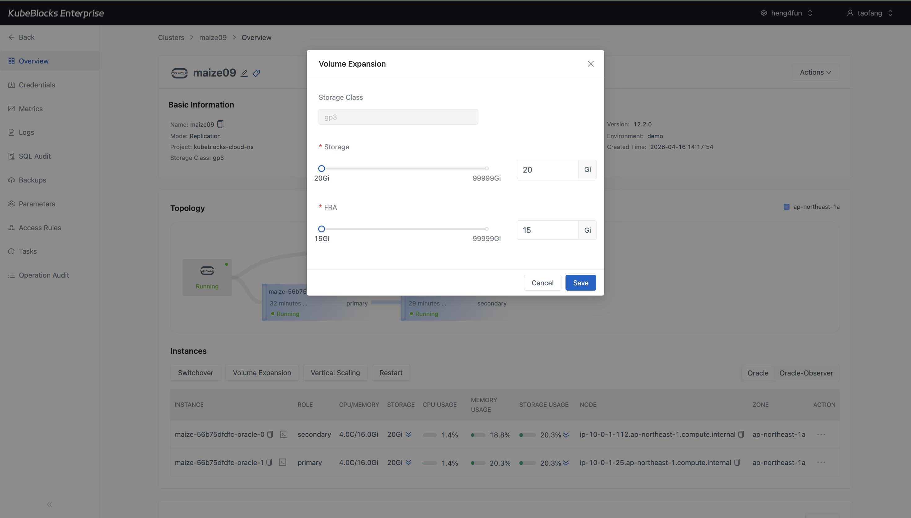 KubeBlocks Enterprise Oracle volume expansion dialog showing data storage and FRA capacity options