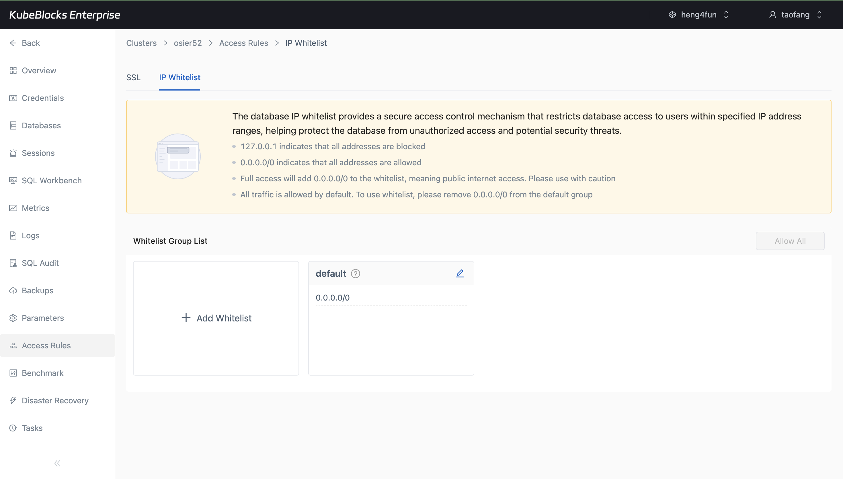 KubeBlocks Enterprise PostgreSQL access rules page showing endpoint information and whitelist settings
