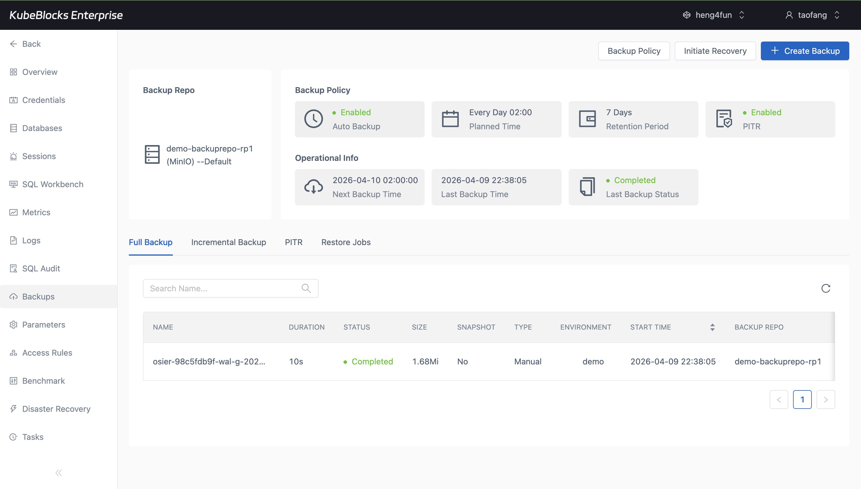 KubeBlocks Enterprise PostgreSQL backup page showing backup jobs, repository details, and policy context