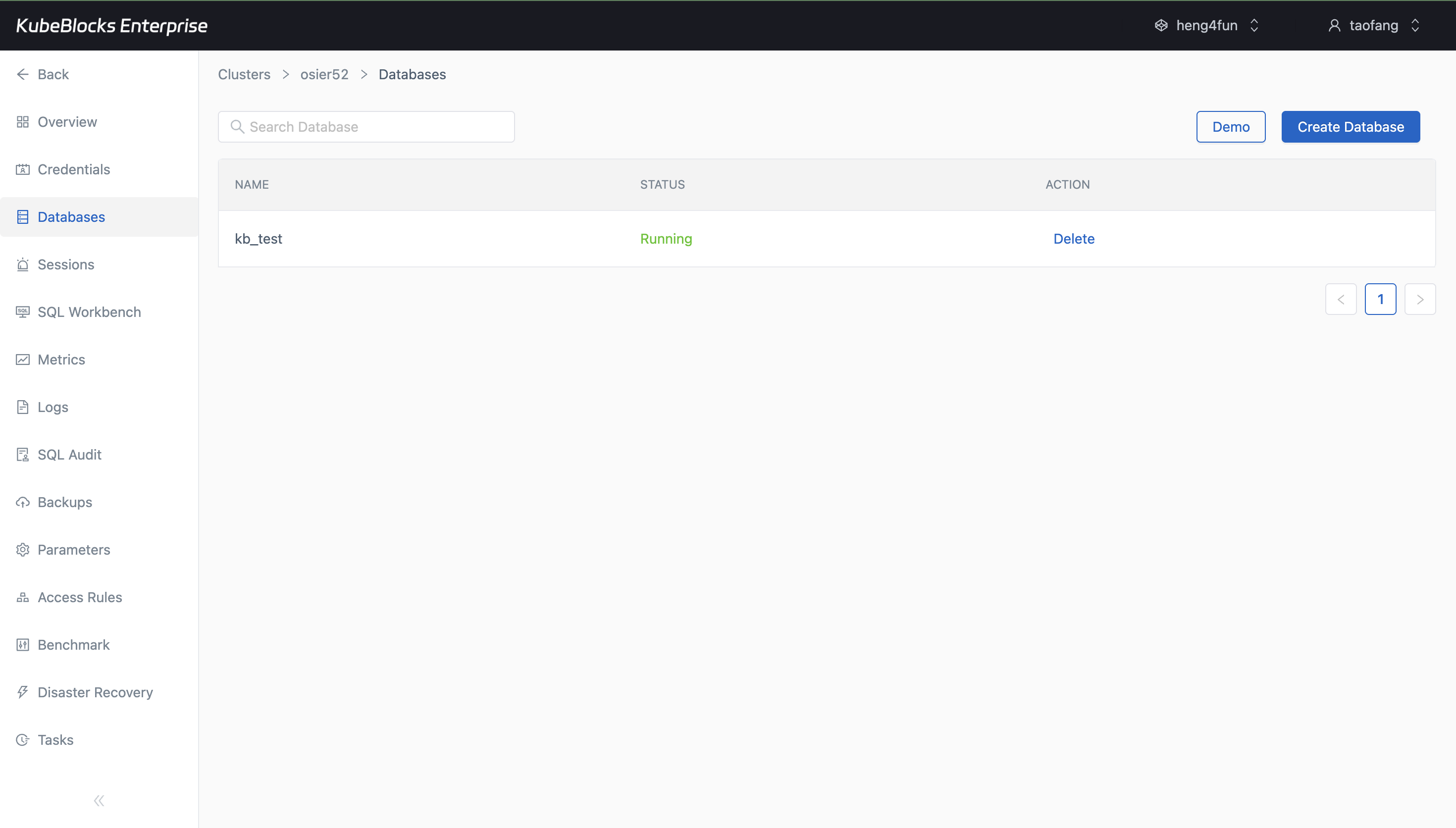 KubeBlocks Enterprise PostgreSQL database management page showing database creation workflow and resulting list