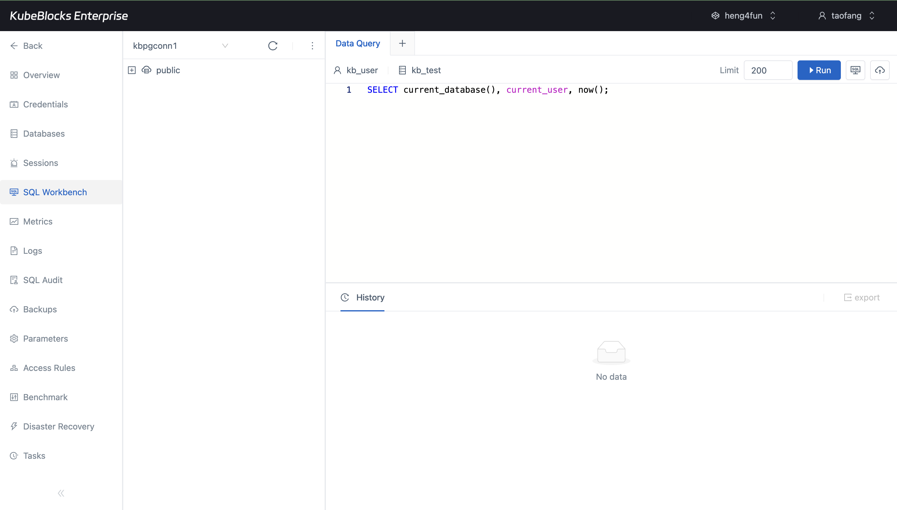 KubeBlocks Enterprise PostgreSQL SQL Workbench showing executed SQL statements and result rows