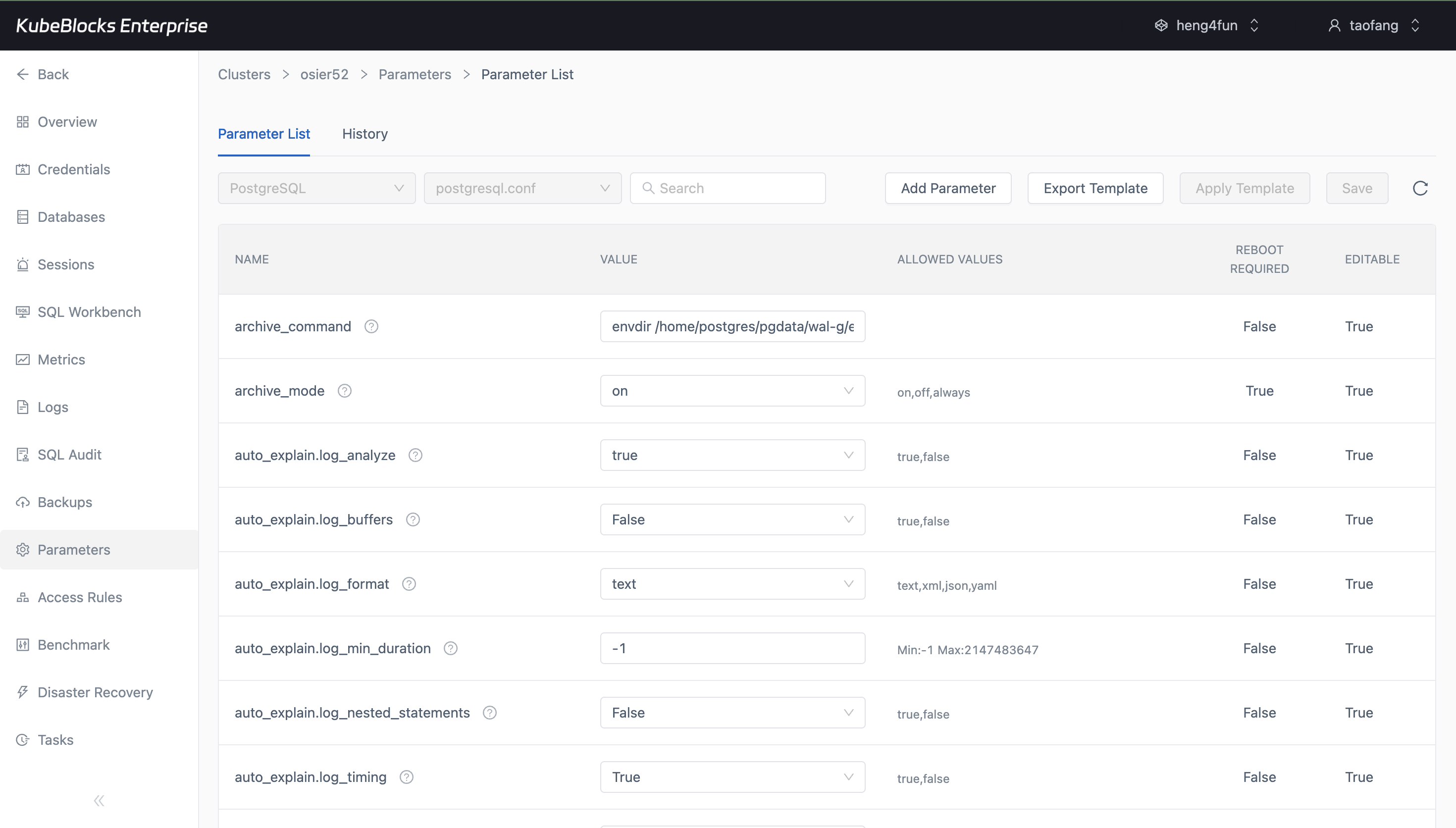 KubeBlocks Enterprise PostgreSQL parameters page showing parameter values and tuning controls