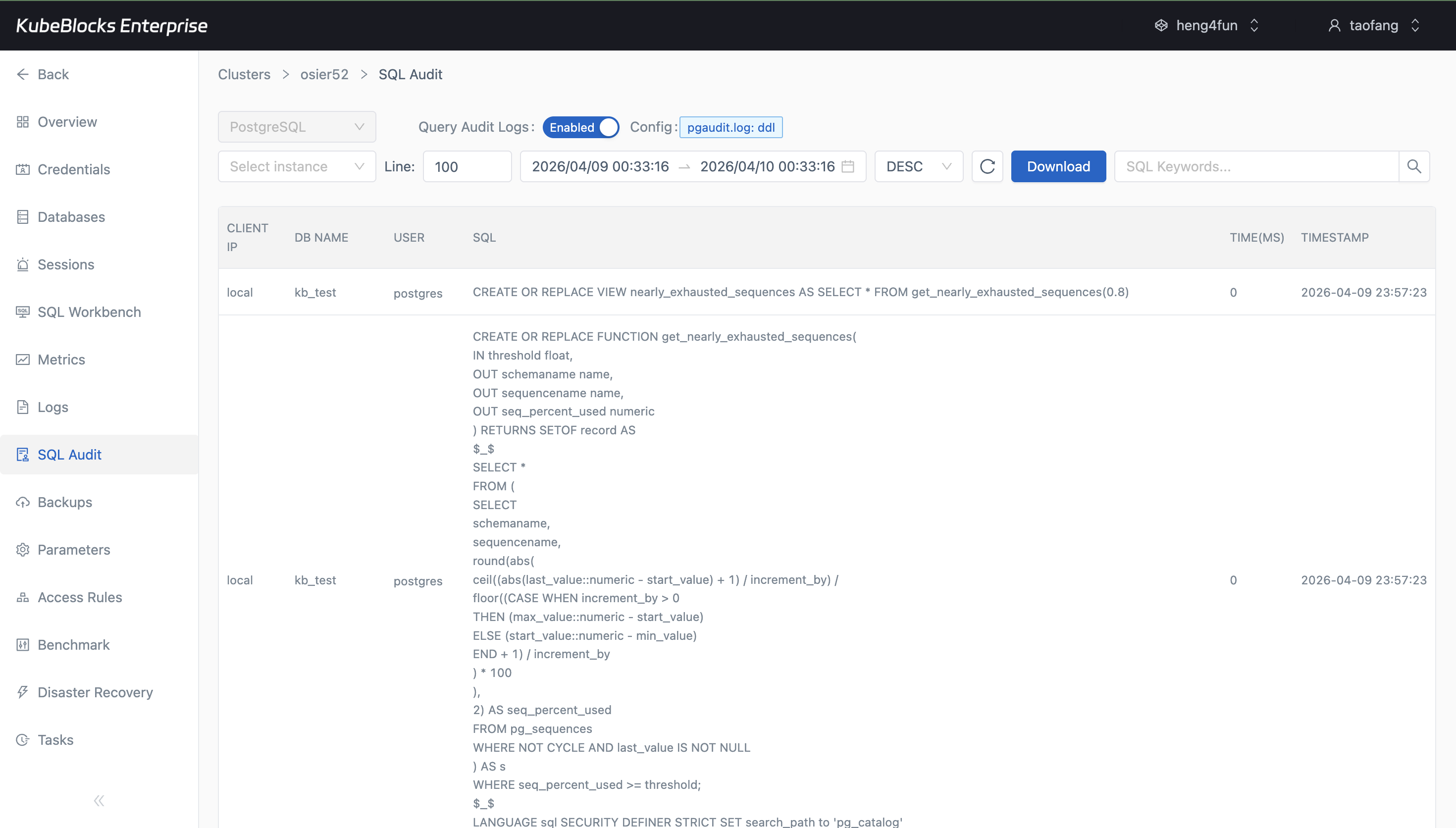 KubeBlocks Enterprise PostgreSQL SQL Audit page showing statement history and audit records