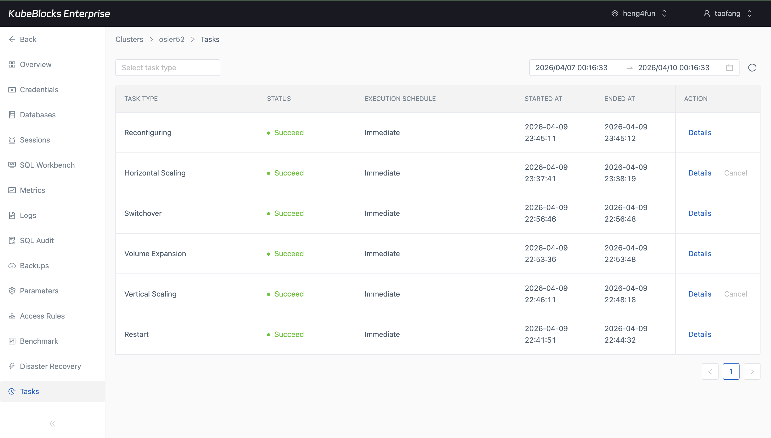 KubeBlocks Enterprise PostgreSQL tasks page listing restart, scaling, restore, and tuning records