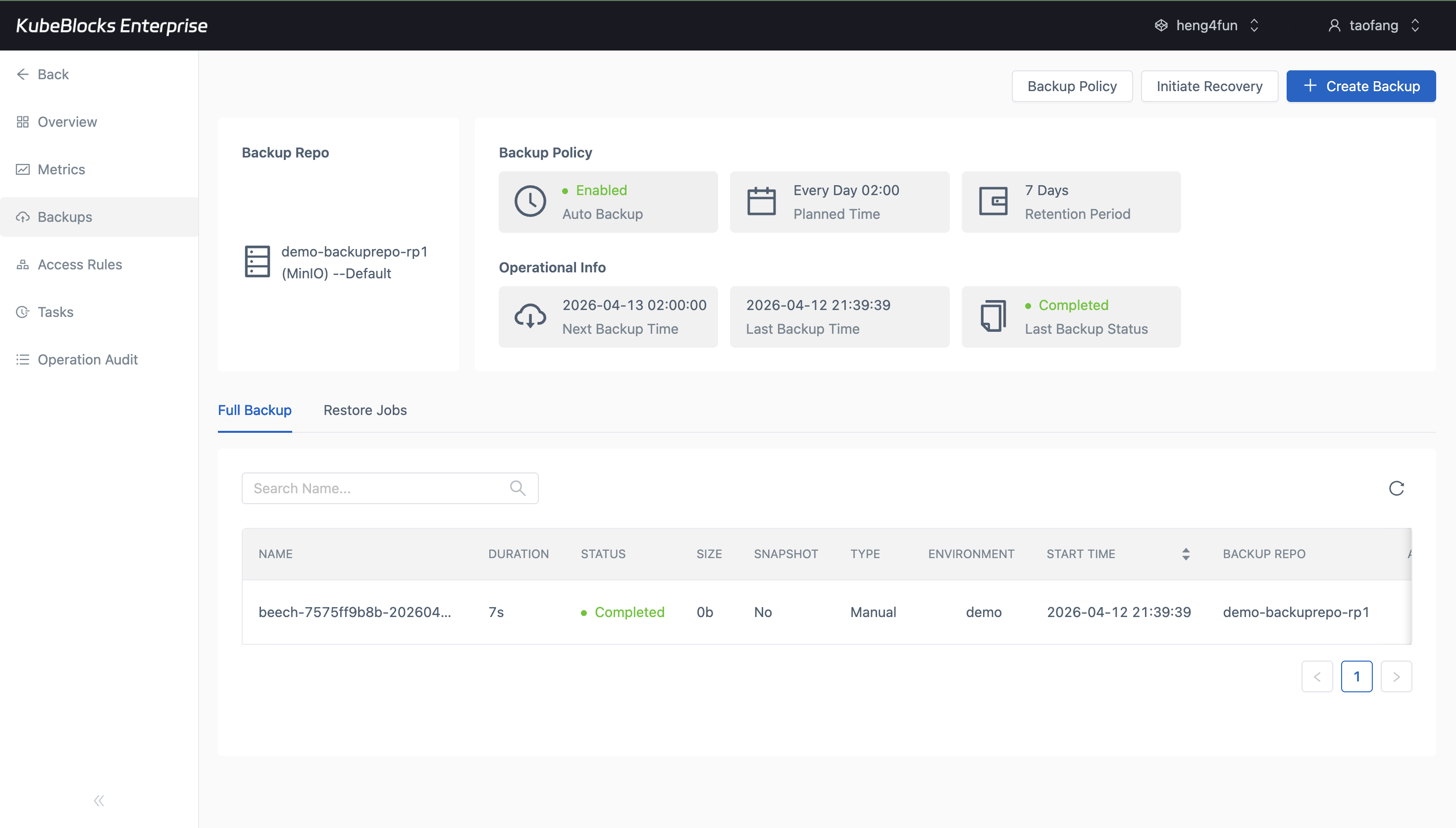 KubeBlocks Enterprise Qdrant Backups page showing a completed full backup record